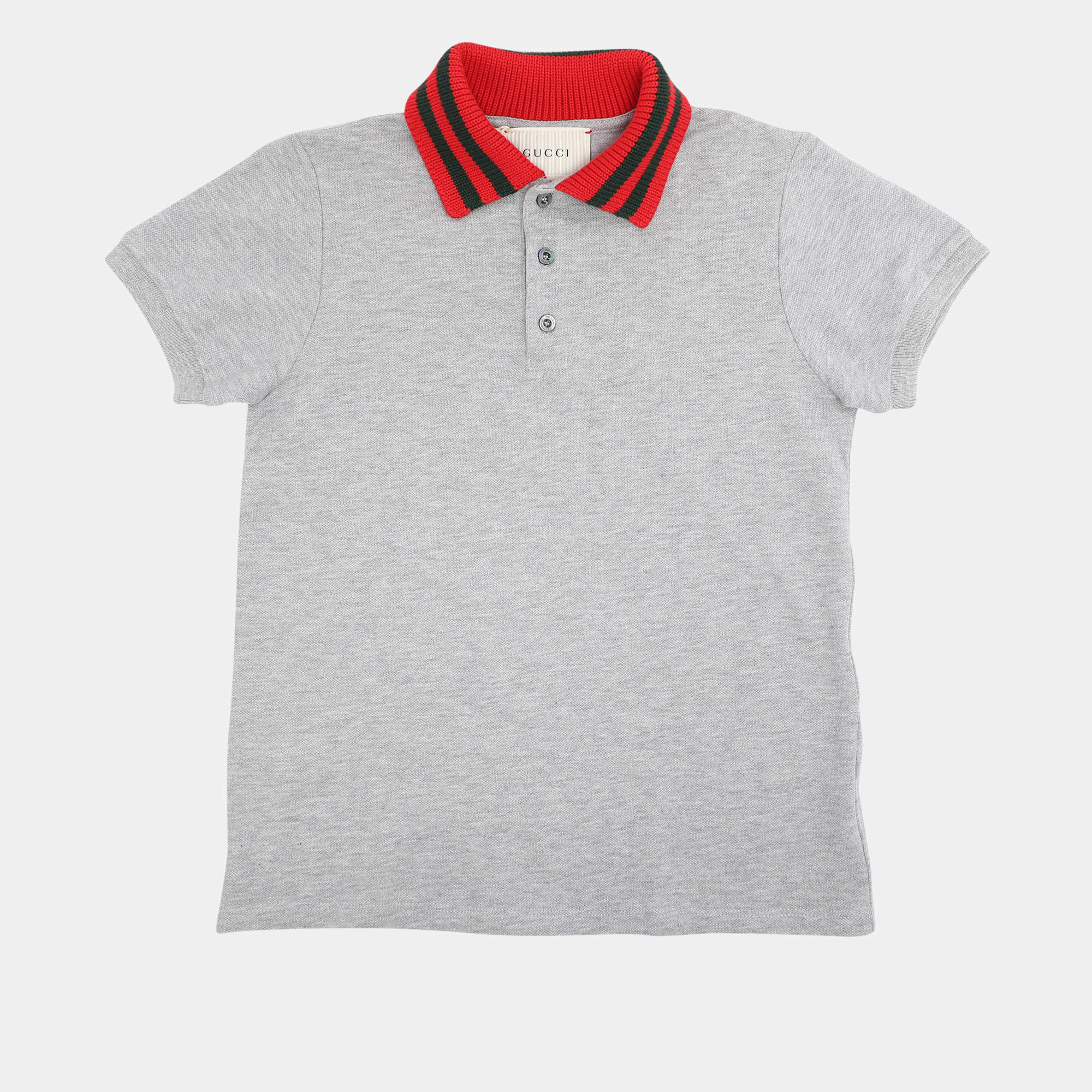 Pre Owned Gucci Grey/Red Web Collar Jersey Polo T-Shirt 8 Yrs