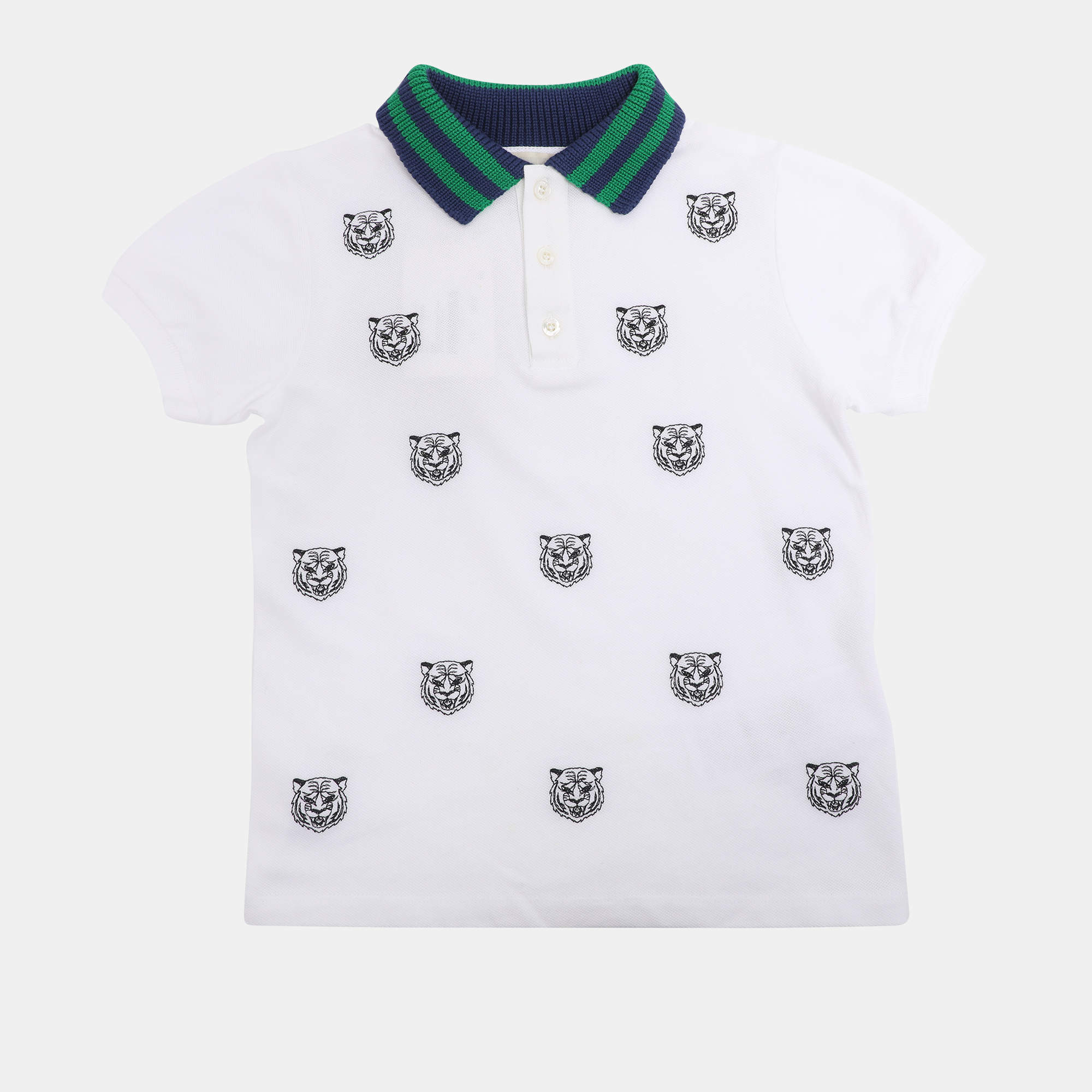 Pre Owned Gucci White/Blue Tiger Print Web Collar Jersey Polo T-Shirt 6 Yrs