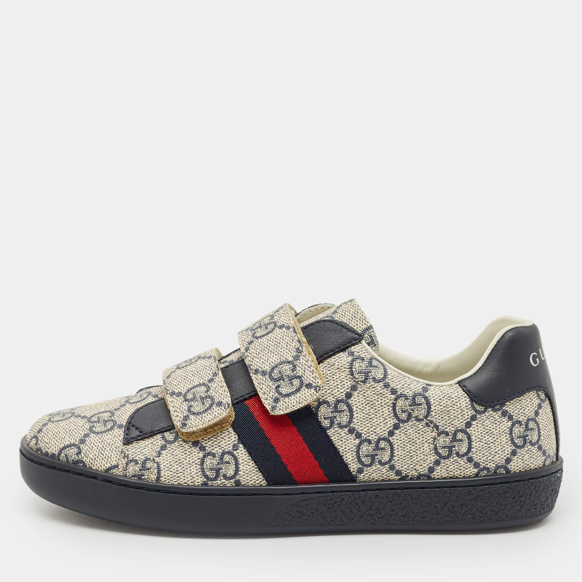 Pre Owned Gucci Grey/Navy Blue GG Supreme Canvas and Leather Web Ace Sneakers Size 32