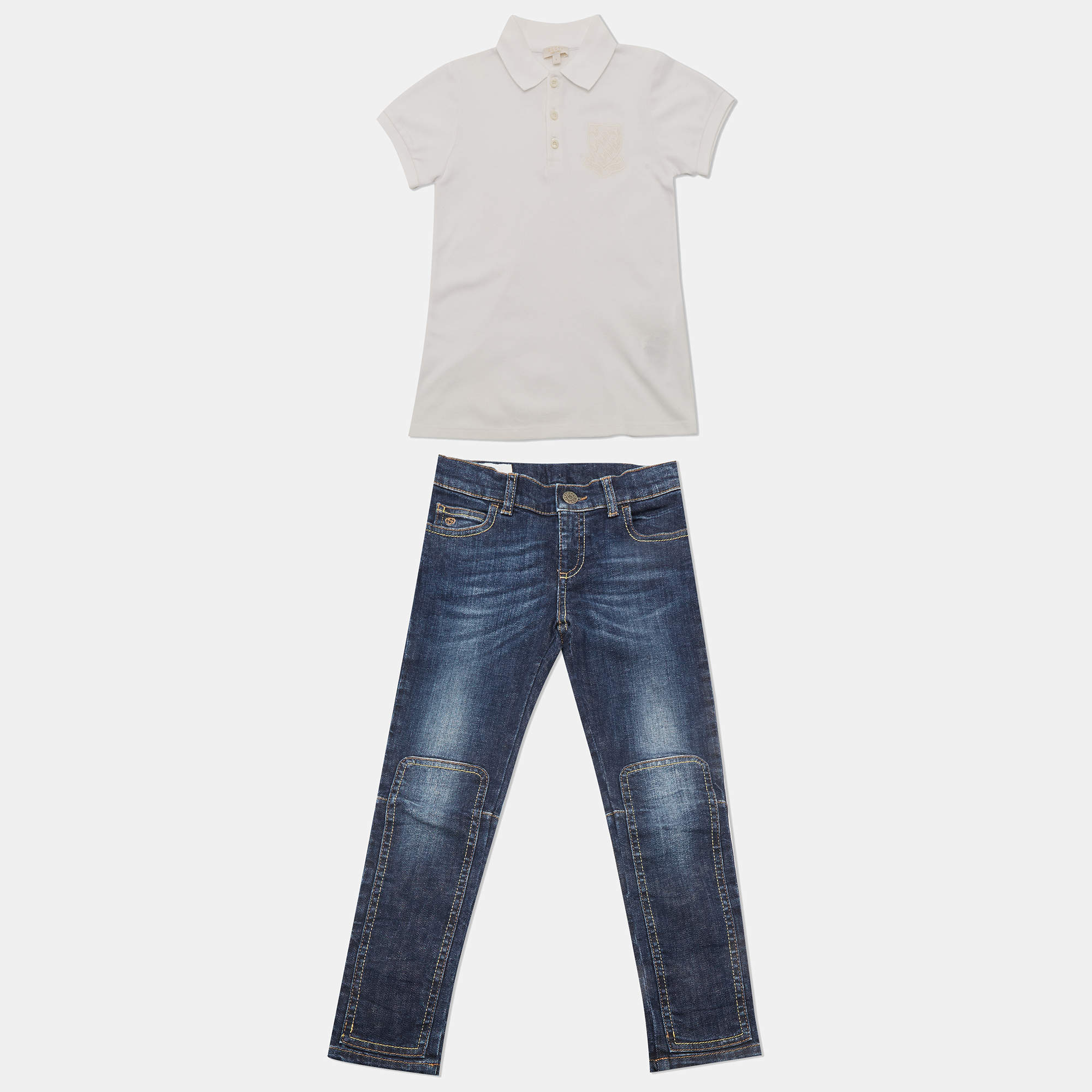 Pre Owned Gucci Kids White/Blue Cotton Polo T-Shirt and Jeans Set 6 Yrs