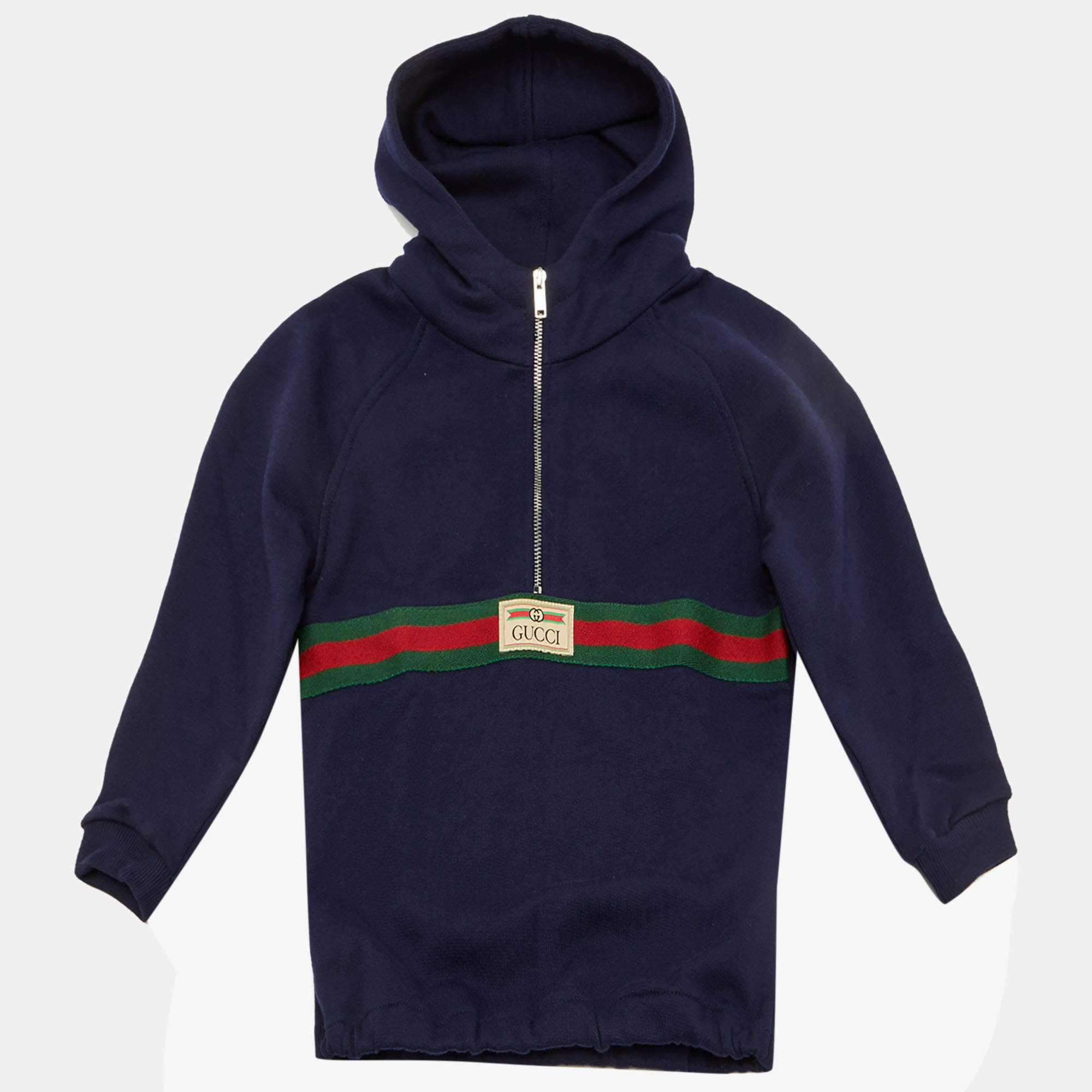 Pre Owned Gucci Kids Navy Blue Cotton Web Striped Hoodie Size 12-18 M
