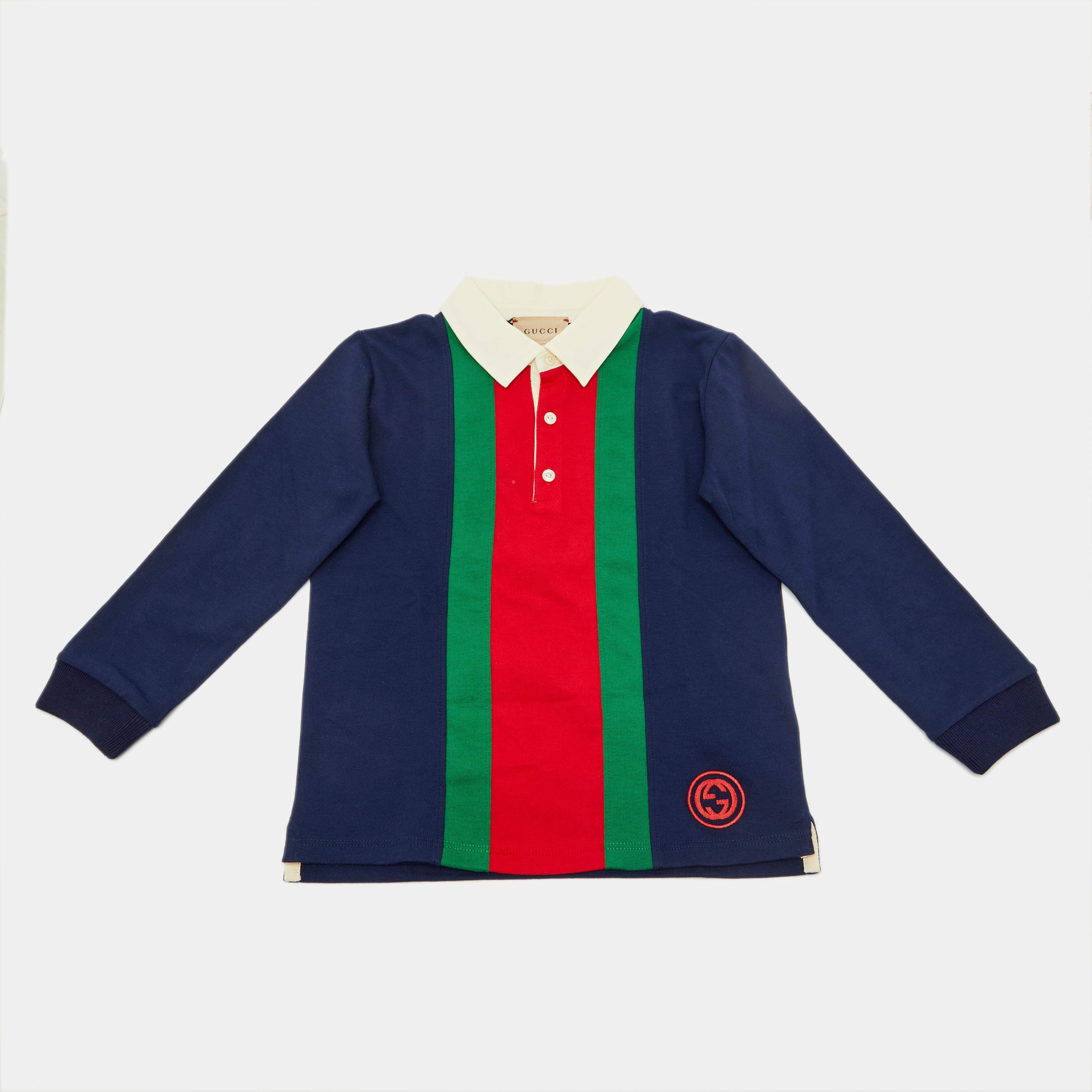 Pre Owned Gucci Kids Navy Blue Web Striped Cotton T-Shirt Size 24 M/2 Yrs