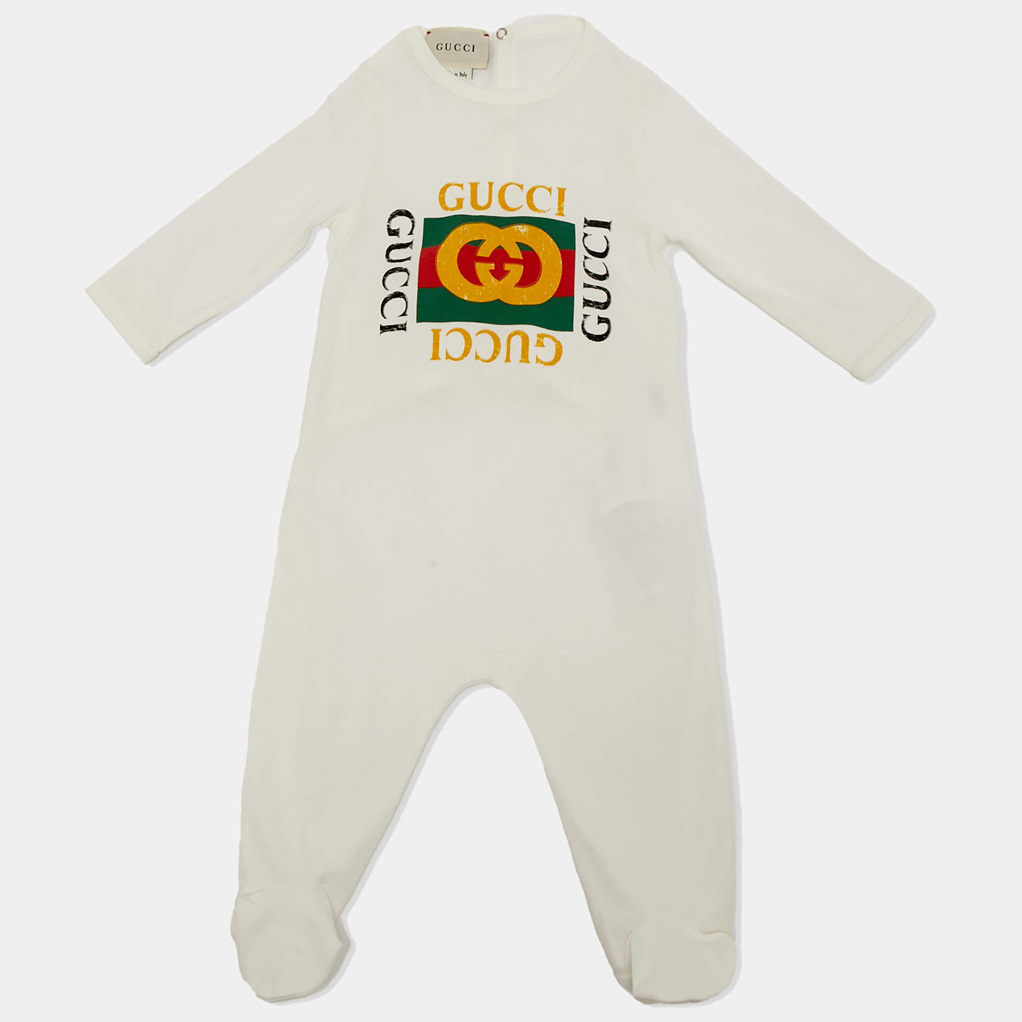 Pre Owned Gucci Kids White Logo Print Cotton Onesie 0-3M