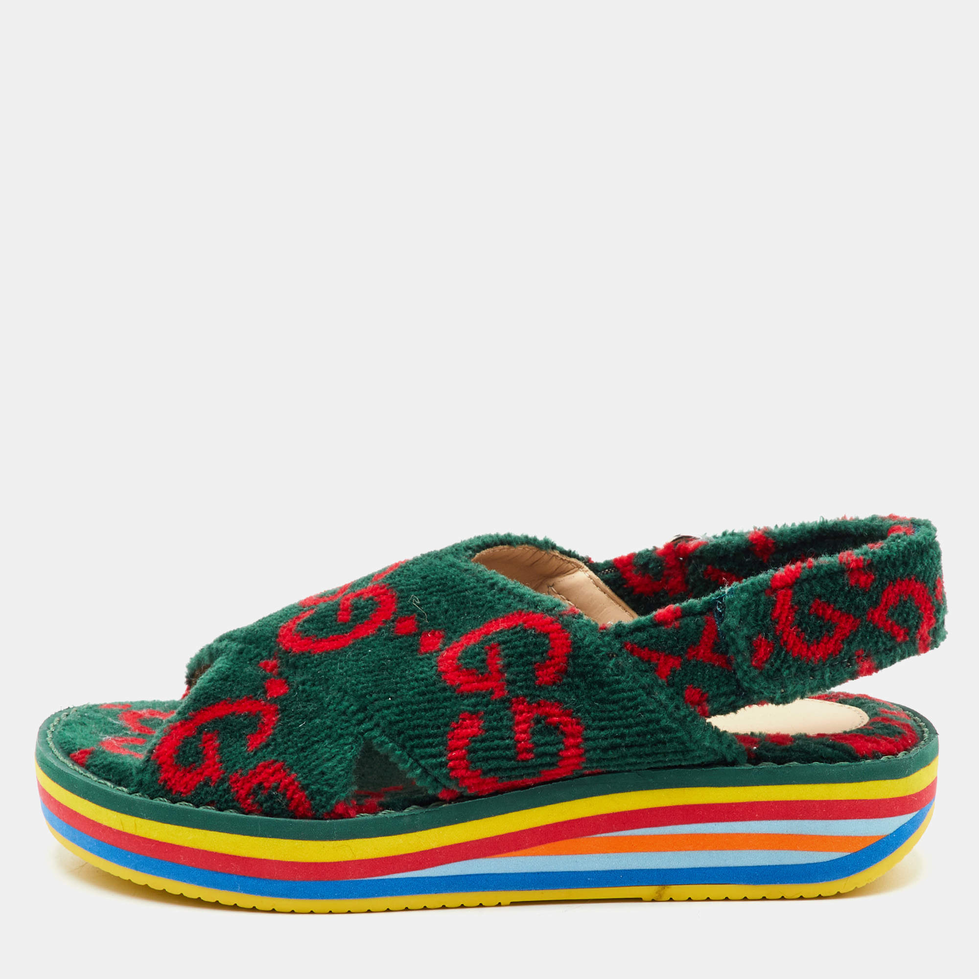Pre Owned Gucci Kids All Over Logo Size 27 Green GG Velvet Cross Strap Sandals