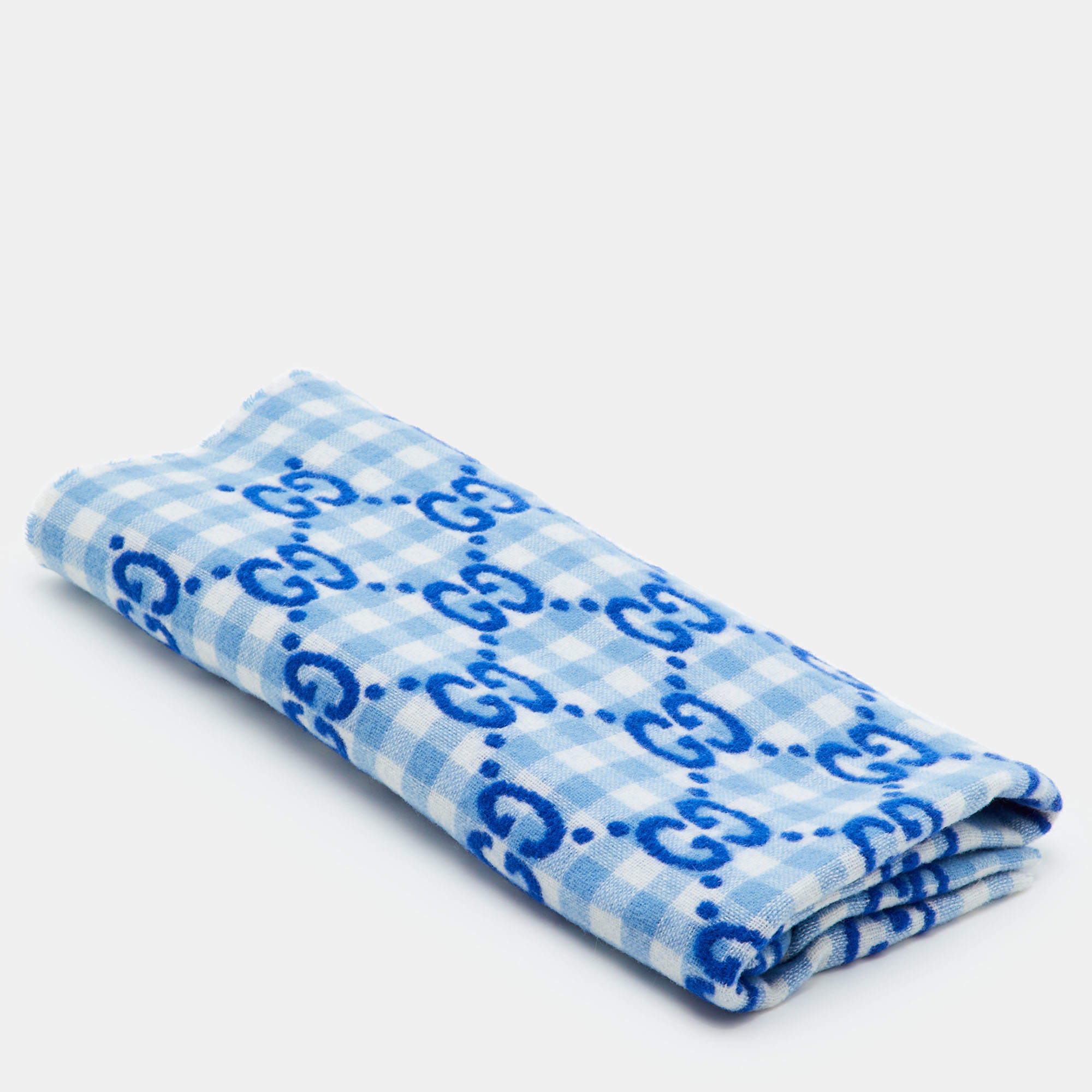 Pre Owned Gucci Kids Blue GG Diamond Gingham Checked Wool Blanket
