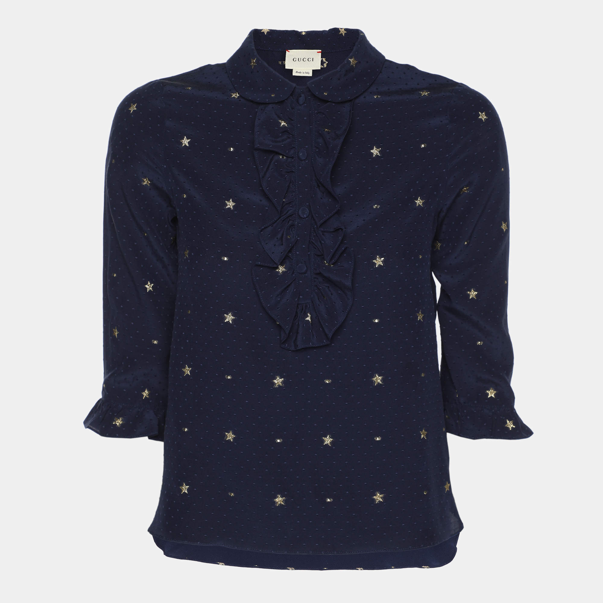 Pre Owned Gucci Navy Blue Silk Star Embroidered Ruffled Blouse 10Y