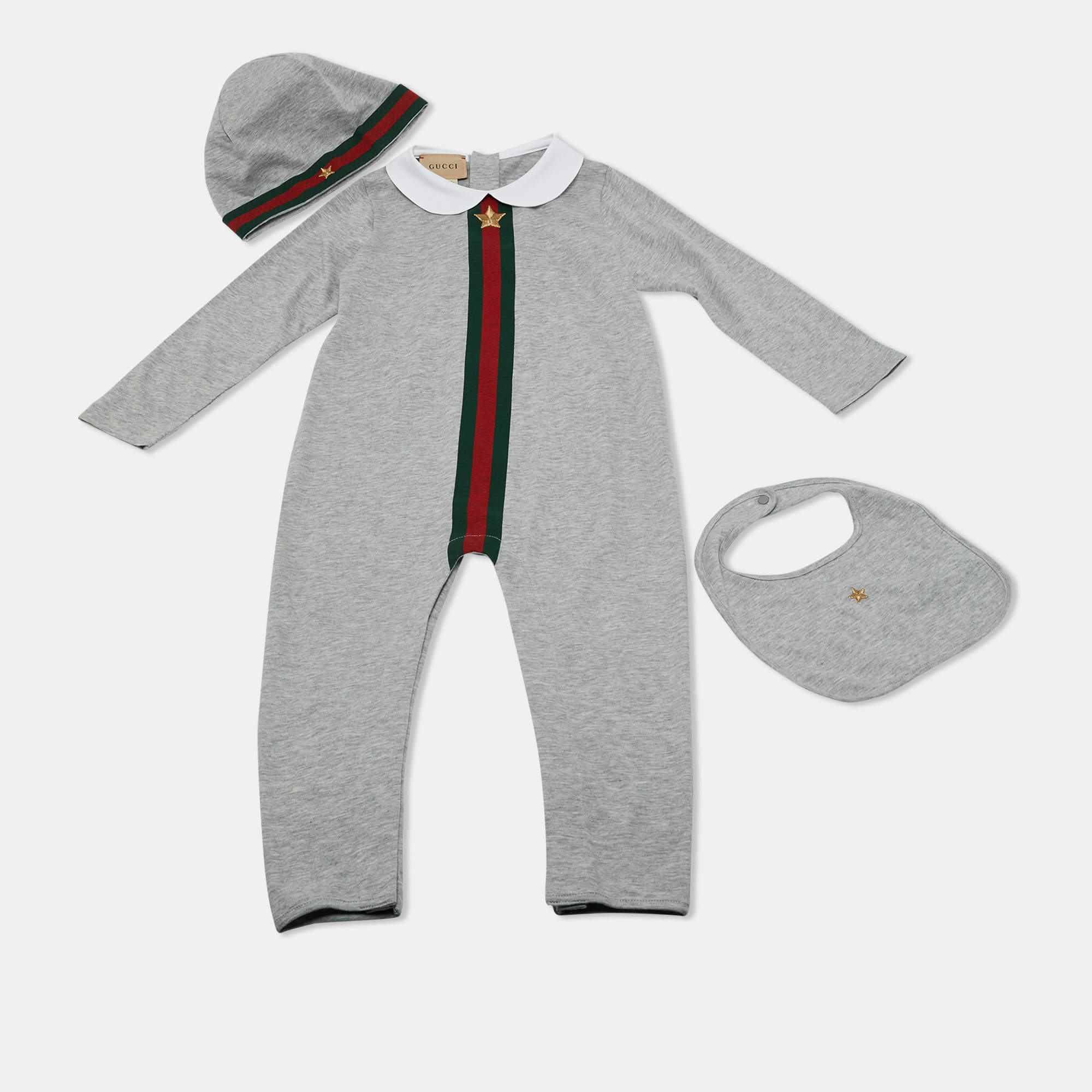 Pre Owned Gucci Kids Grey Web Trim Cotton Onesie Set 18-24M