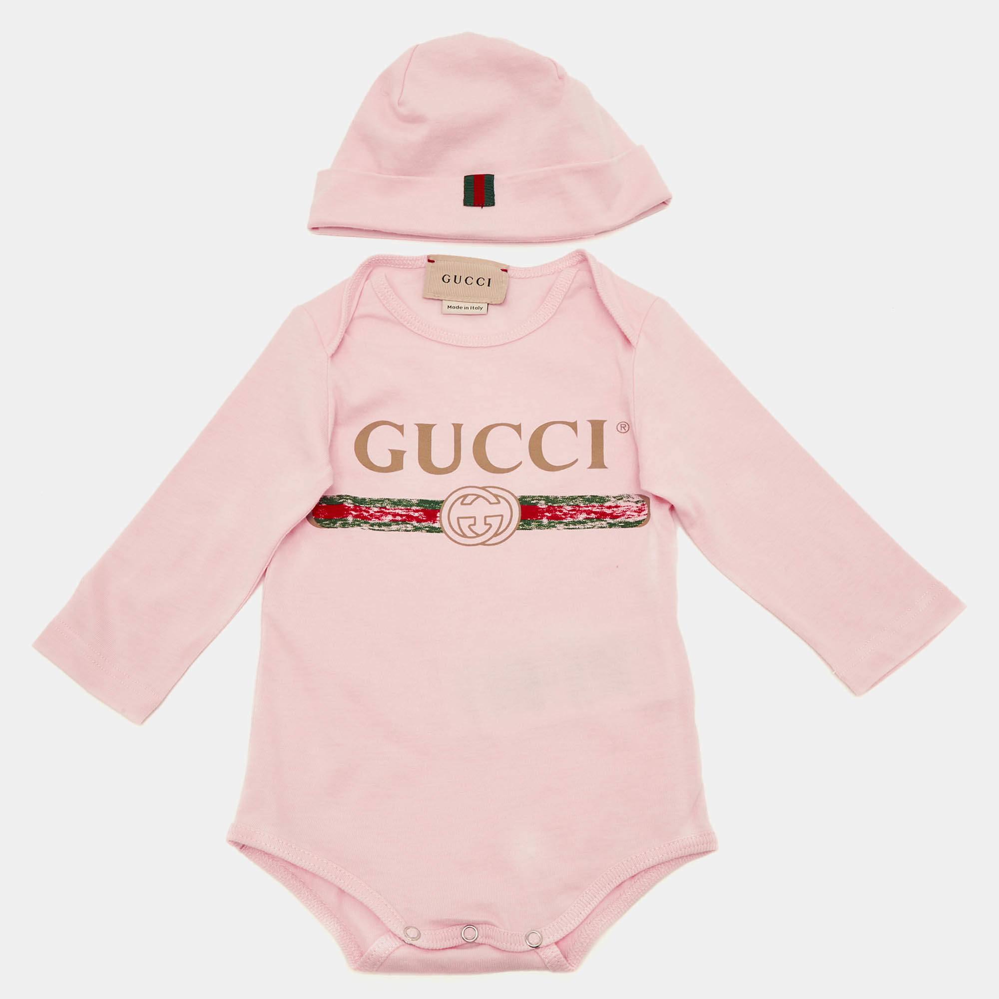 Pre Owned طقم قطن مطبوع بشعار عتيق زهري للأطفال غوتشي 0/3 شهور