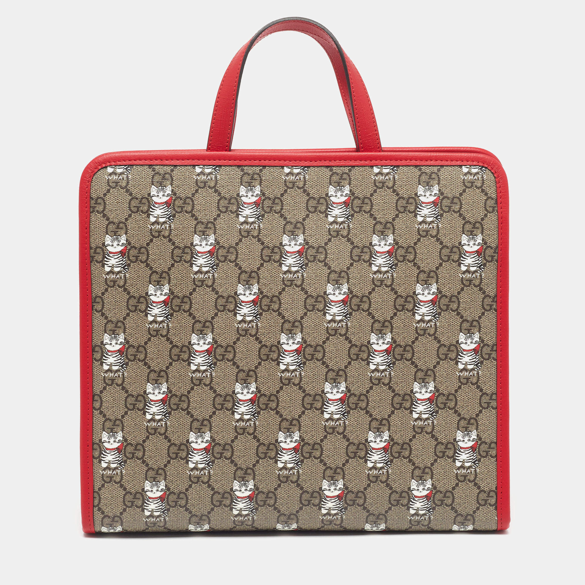 Pre Owned Gucci Beige/Red Cat GG Supreme Canvas and Leather Tote