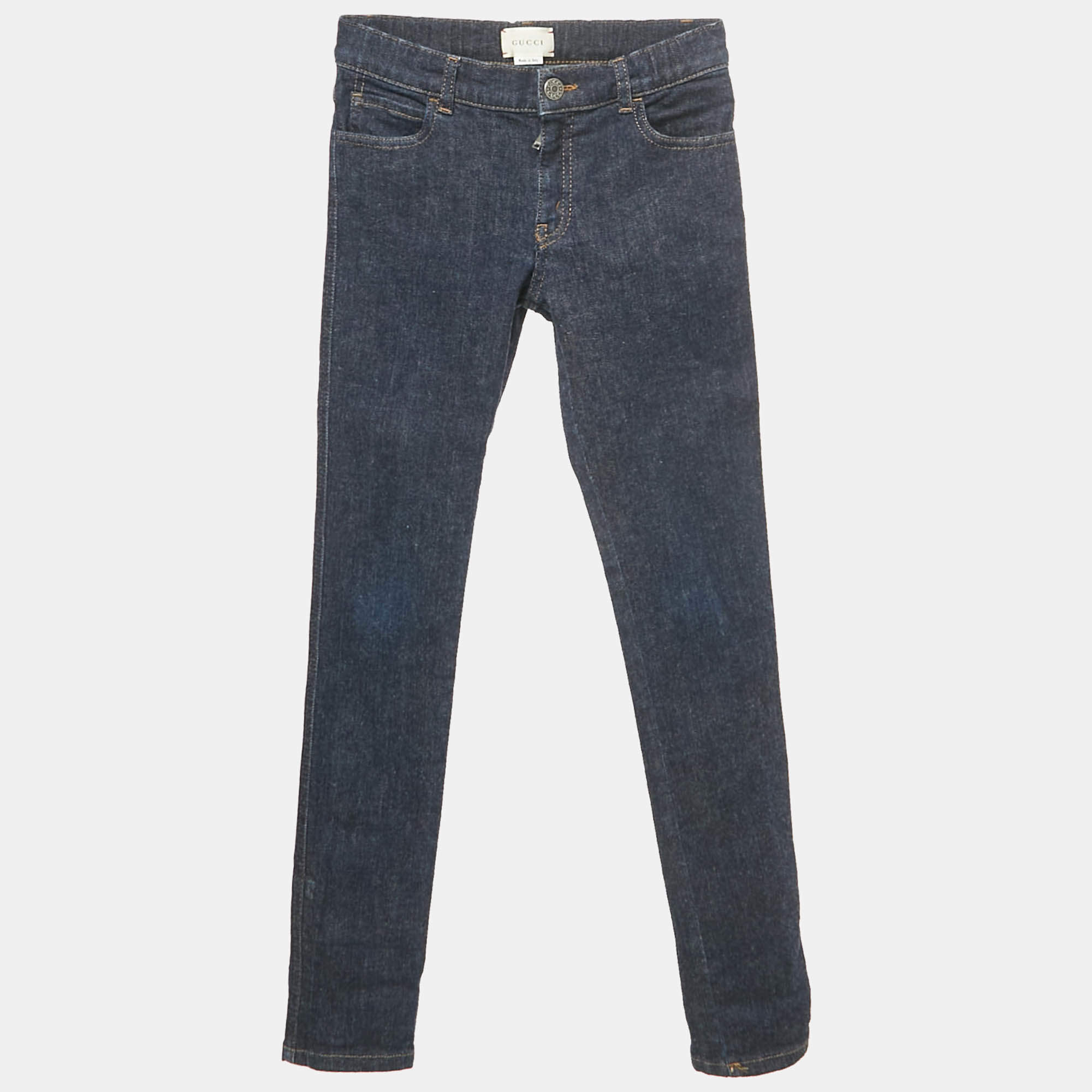 Pre Owned Gucci Navy Blue Web Trim Folded Hem Denim Jeans 10 Yrs 23"