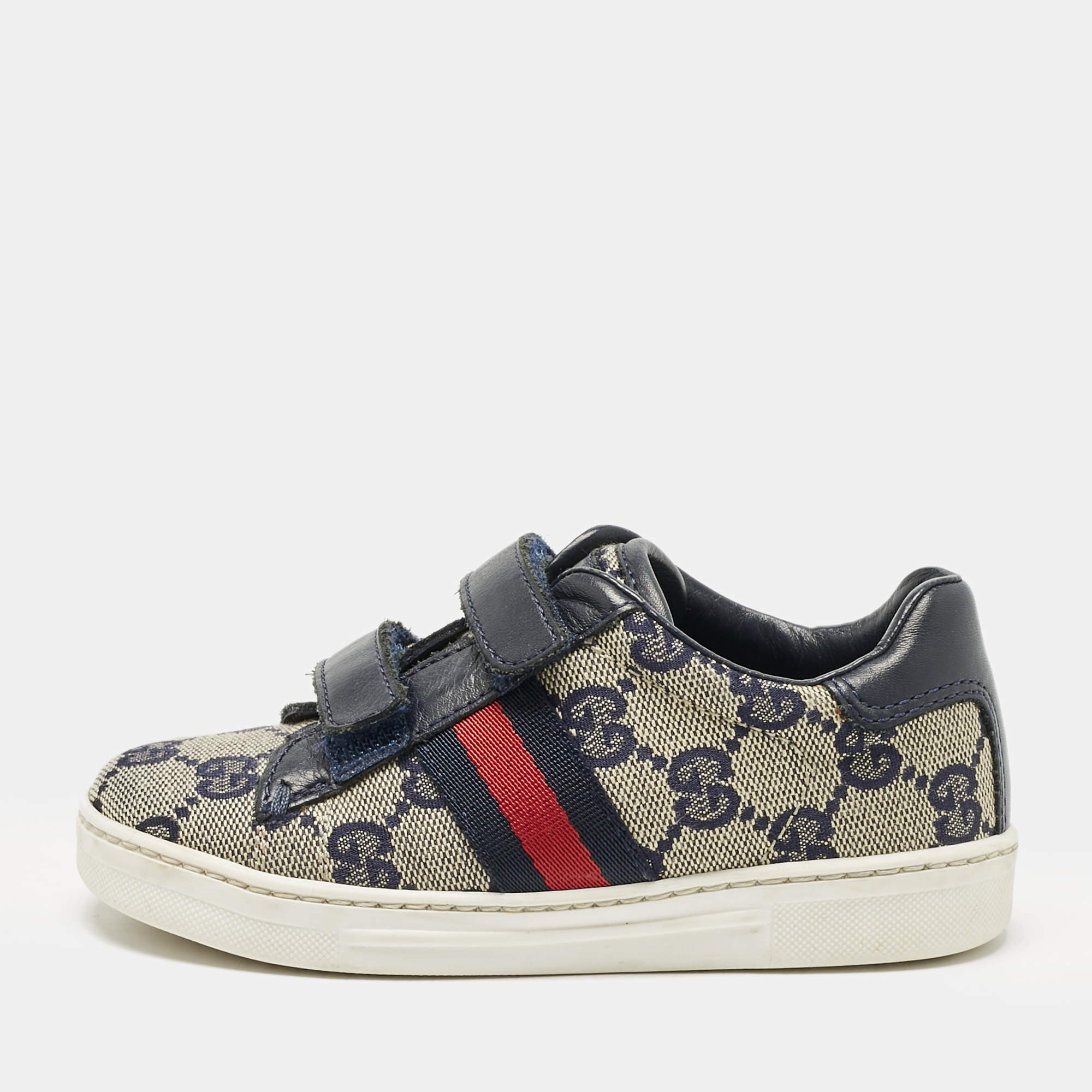 Pre Owned Gucci Blue/Beige GG Canvas and Leather Low Top Sneakers Size 25