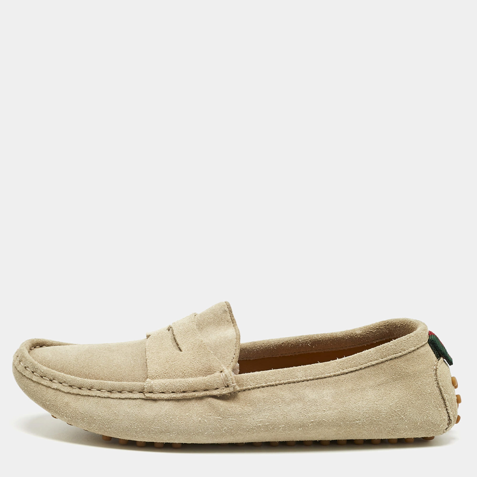 Pre Owned Gucci Beige Suede Web Driver Loafers Size 36