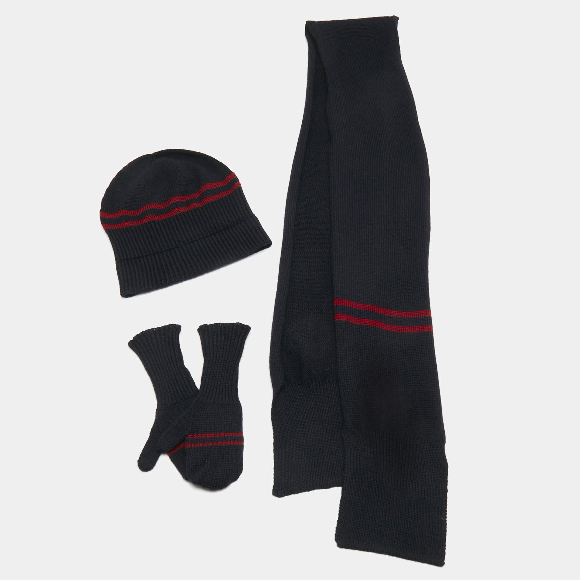 Pre Owned Gucci Kids Navy Blue Striped Wool Knit 3 Piece Set M