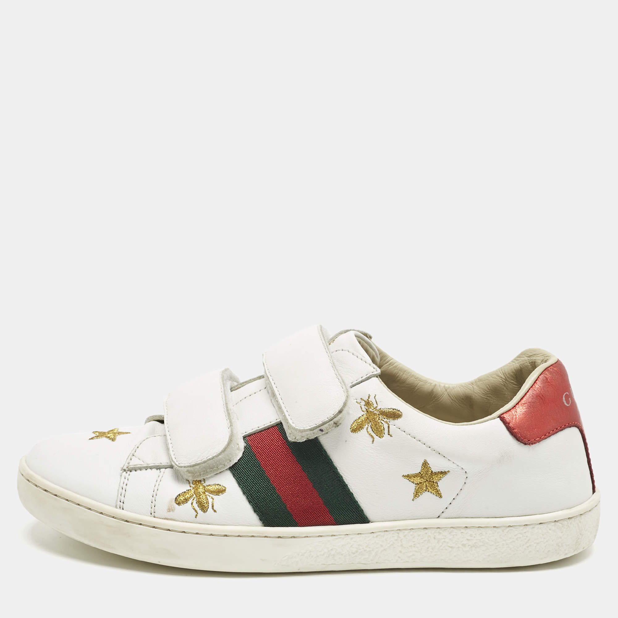 Pre Owned Gucci White Leather Ace Velcro Low Top Sneakers Size 34