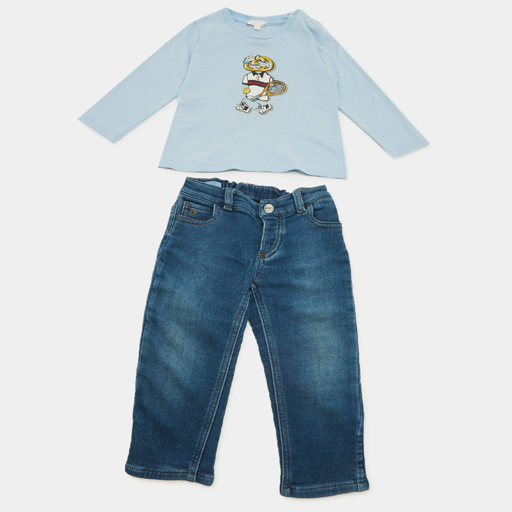 Pre Owned Gucci Kids Blue Printed Jersey and Denim T-Shirt Set 9/12M and 12/18M