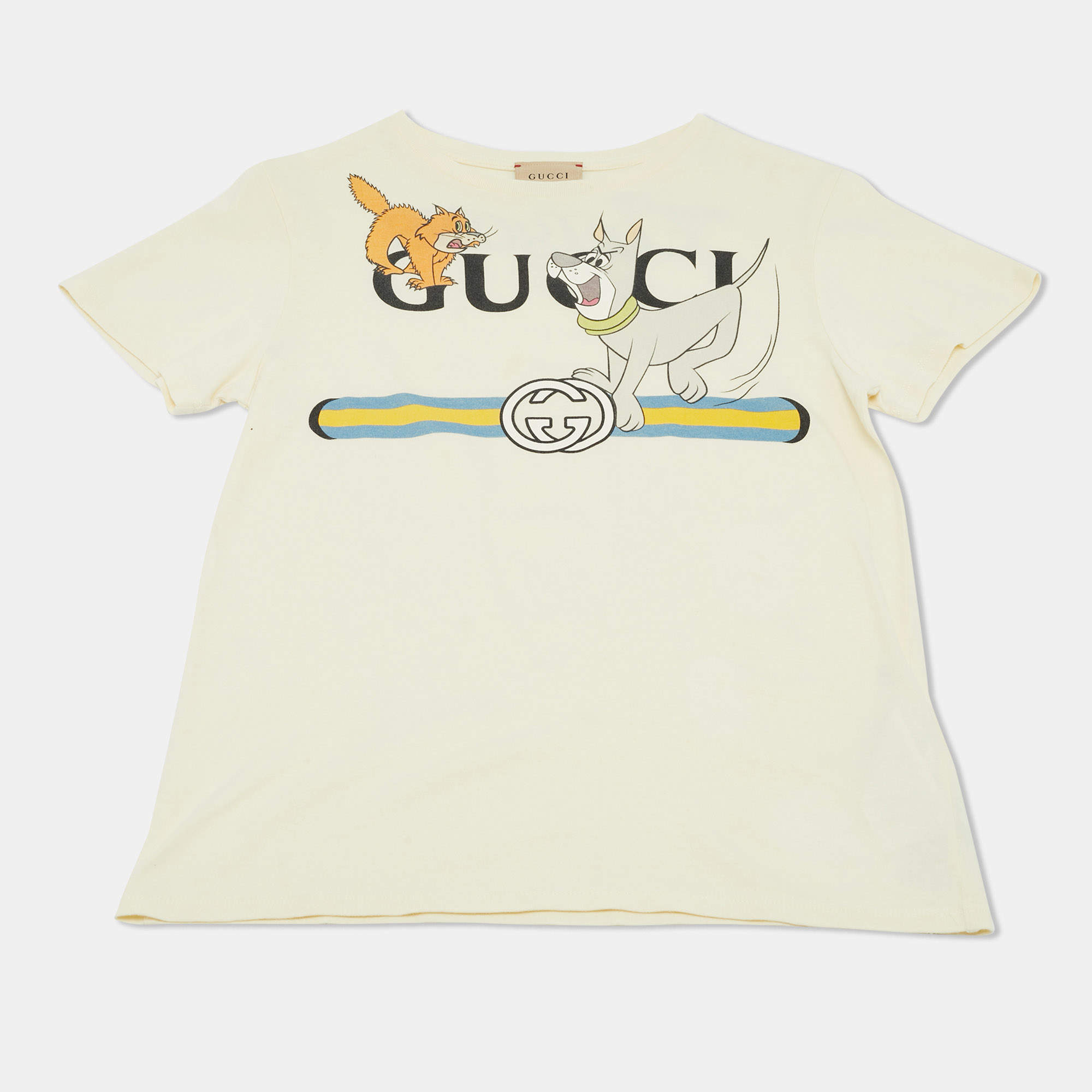 Pre Owned Gucci Kids Cream Logo Cartoon Print Jersey T-Shirt 10Yrs