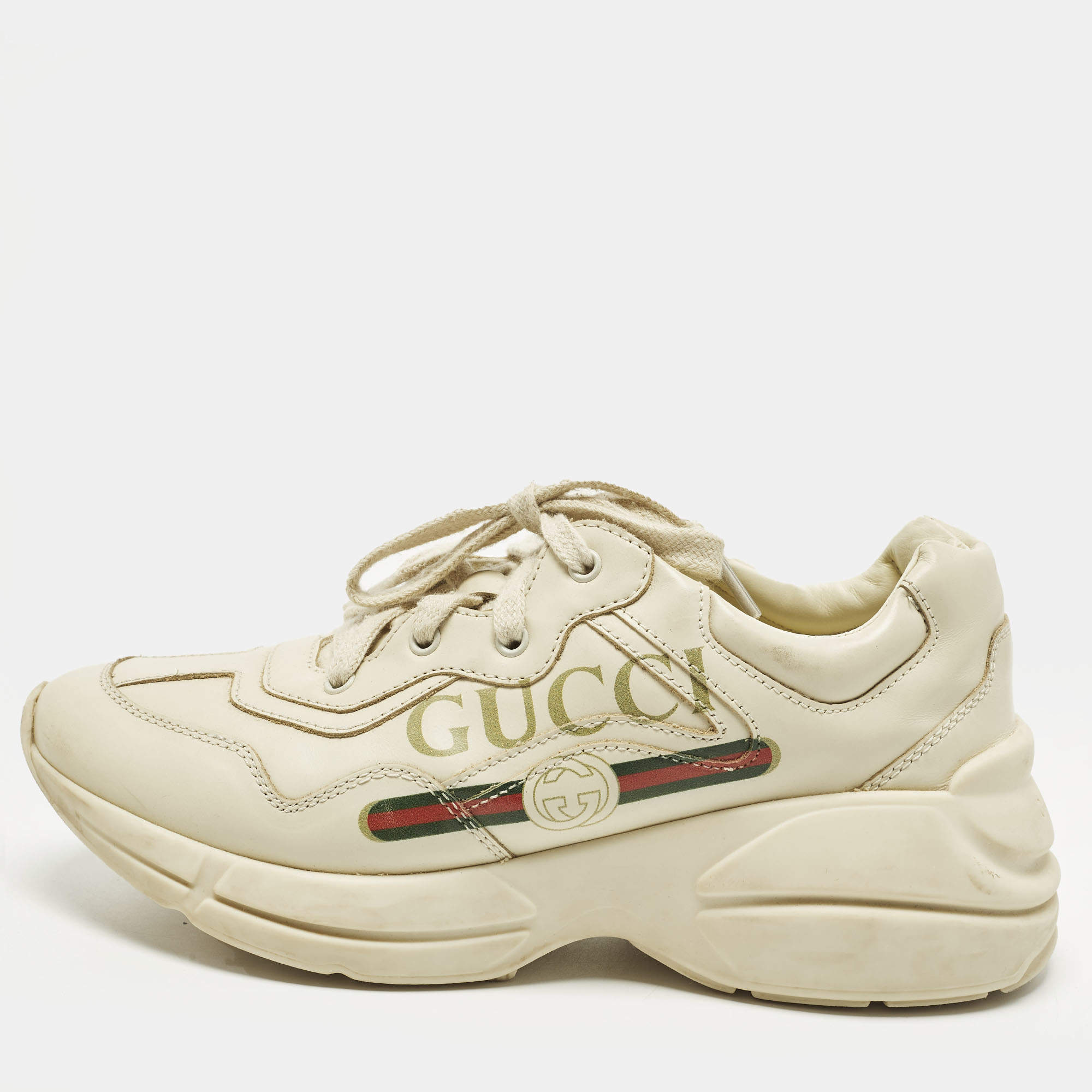 Pre Owned Gucci Off Size 33 White Leather Rhyton Logo Print Low Top Sneakers