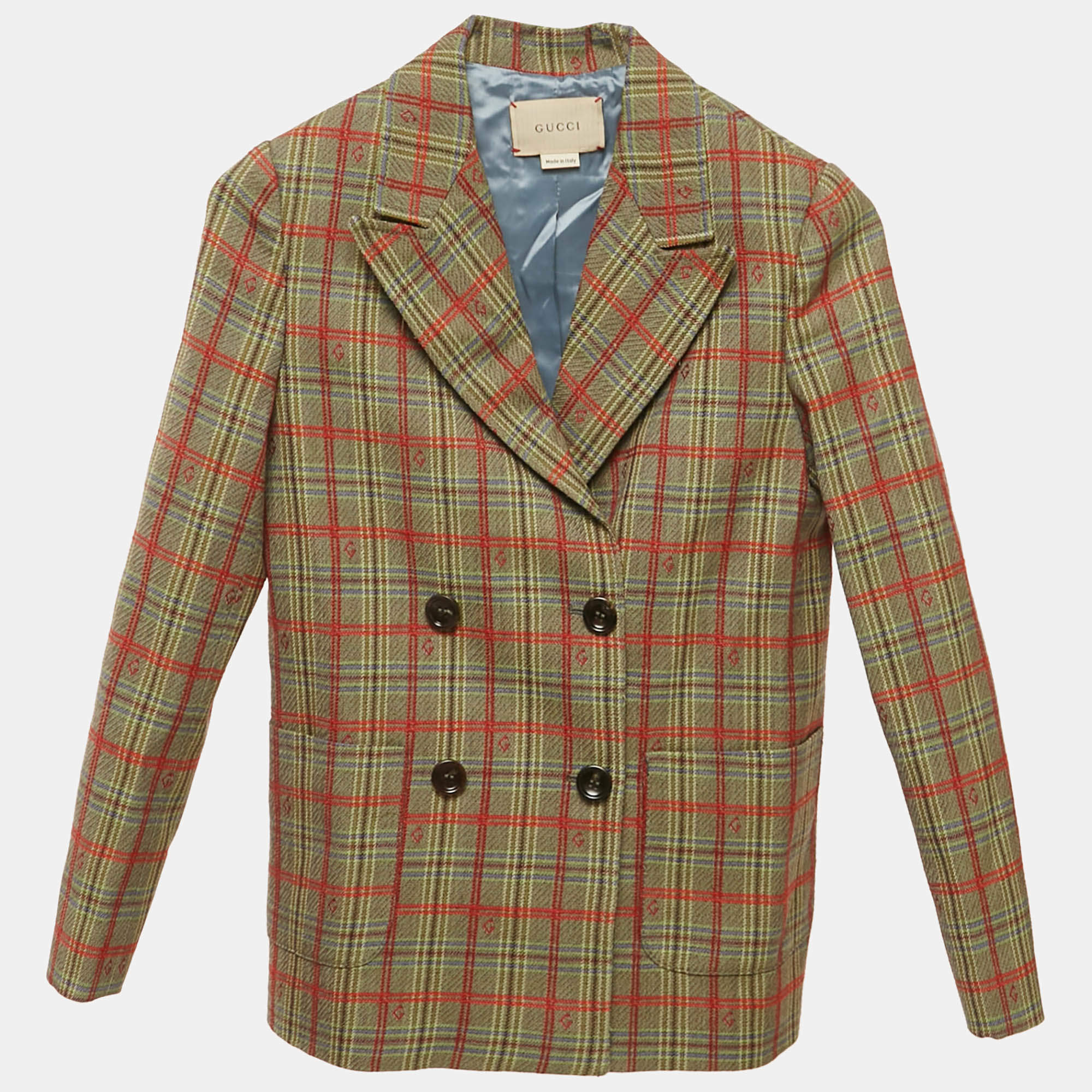 Pre Owned Gucci Kids Green Checkered Wool Double Breasted Jacket 6Yrs