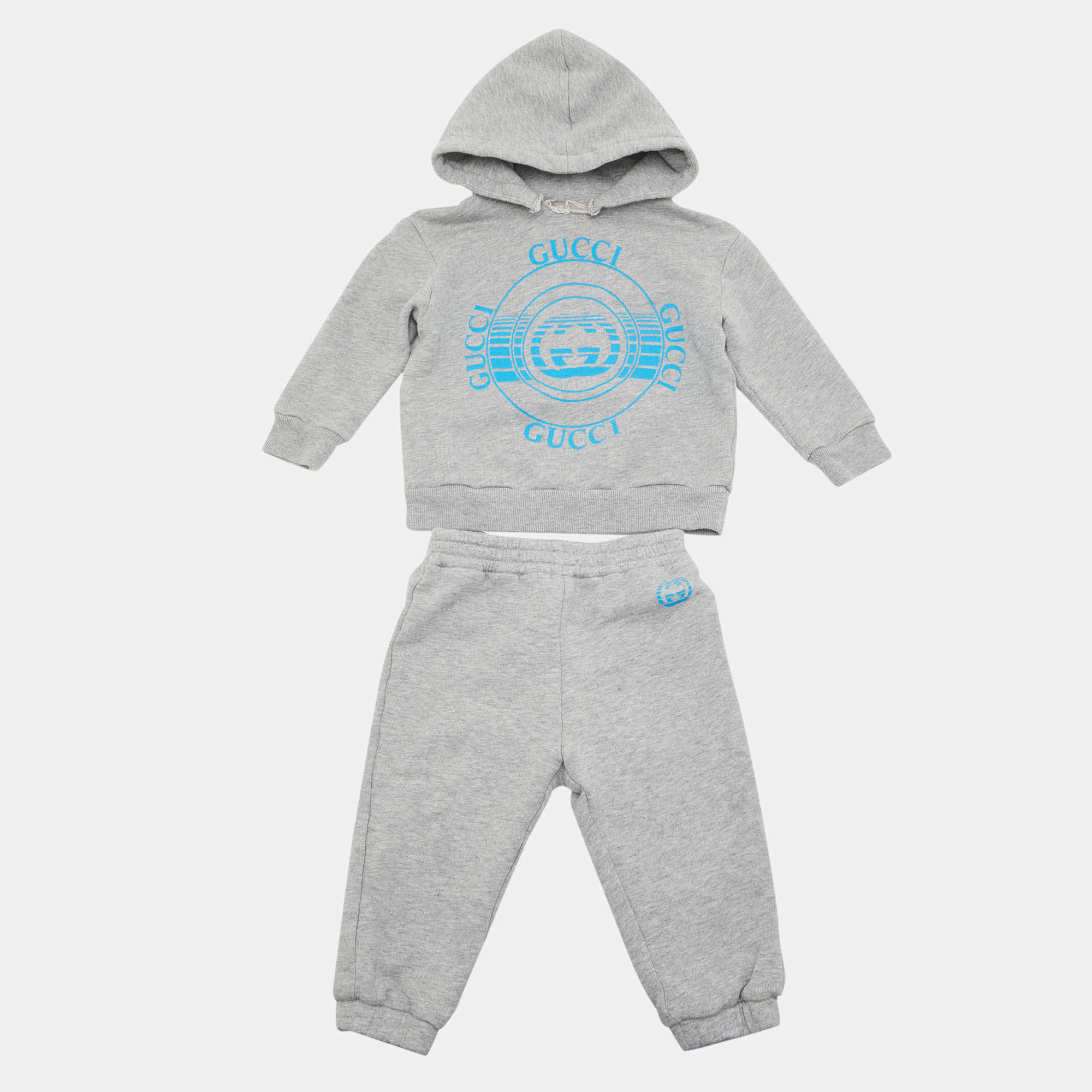 Pre Owned Gucci Kids Grey Logo Print Cotton Hoodie & Jogger Set Size 9/12M
