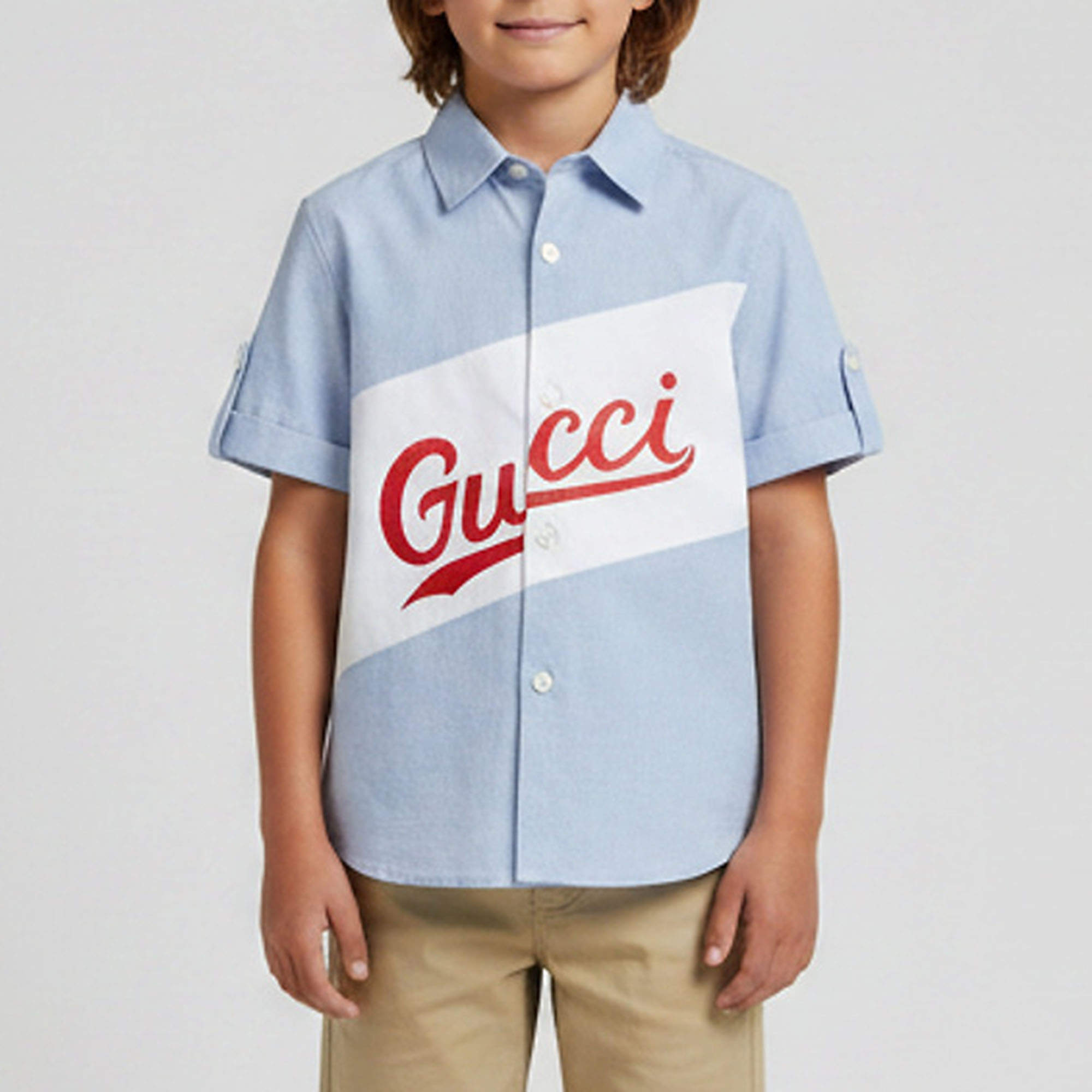 Pre Owned Gucci Light Blue/White Logo Embroidered Oxford Cotton Bowling Shirt 24 months 