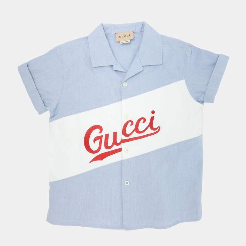 Pre Owned Gucci Light Blue/White Logo Embroidered Oxford Cotton Bowling Shirt 24 months 