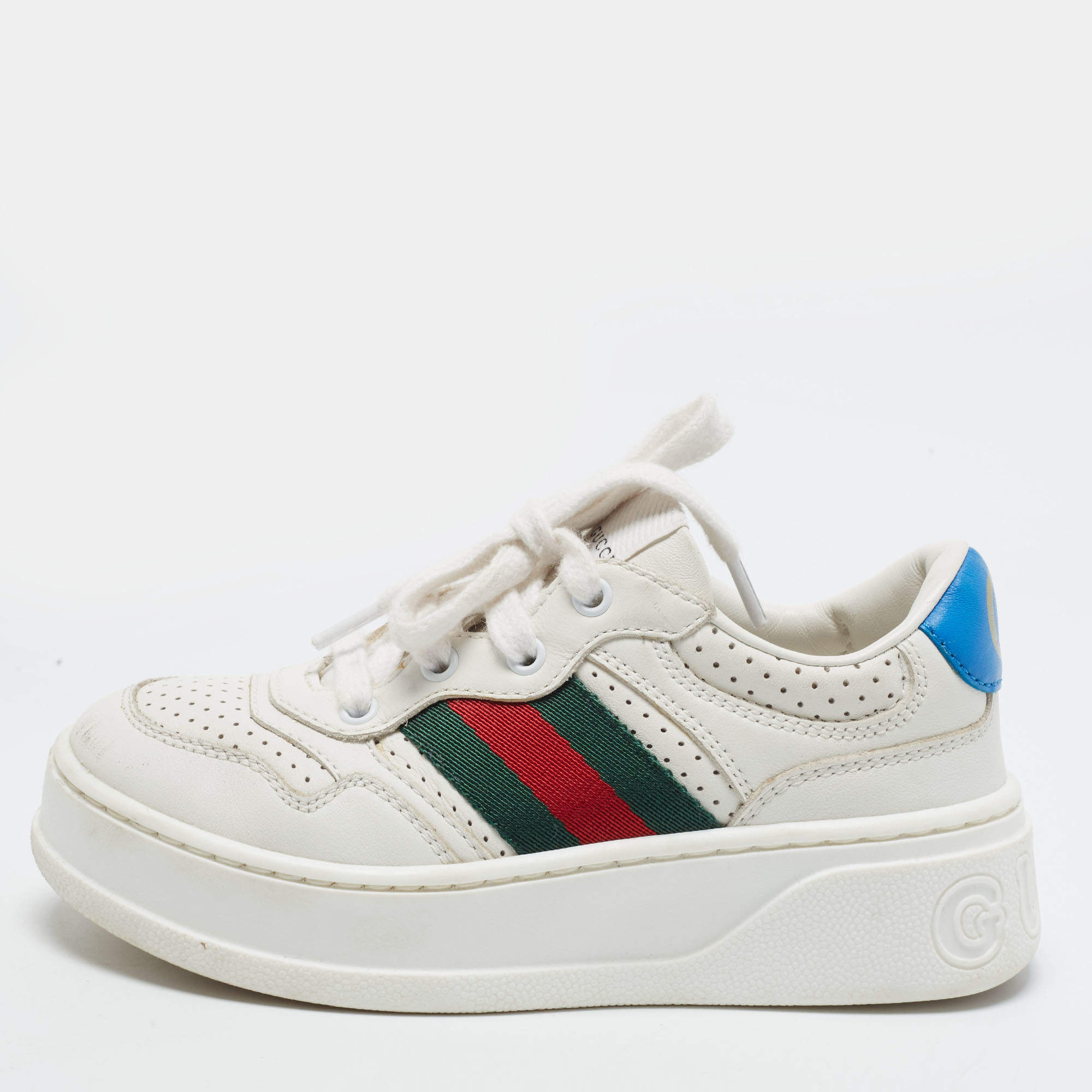 مملوكة مسبقًا Gucci Trainer Web Size 27 White Leather Lace Up Sneakers