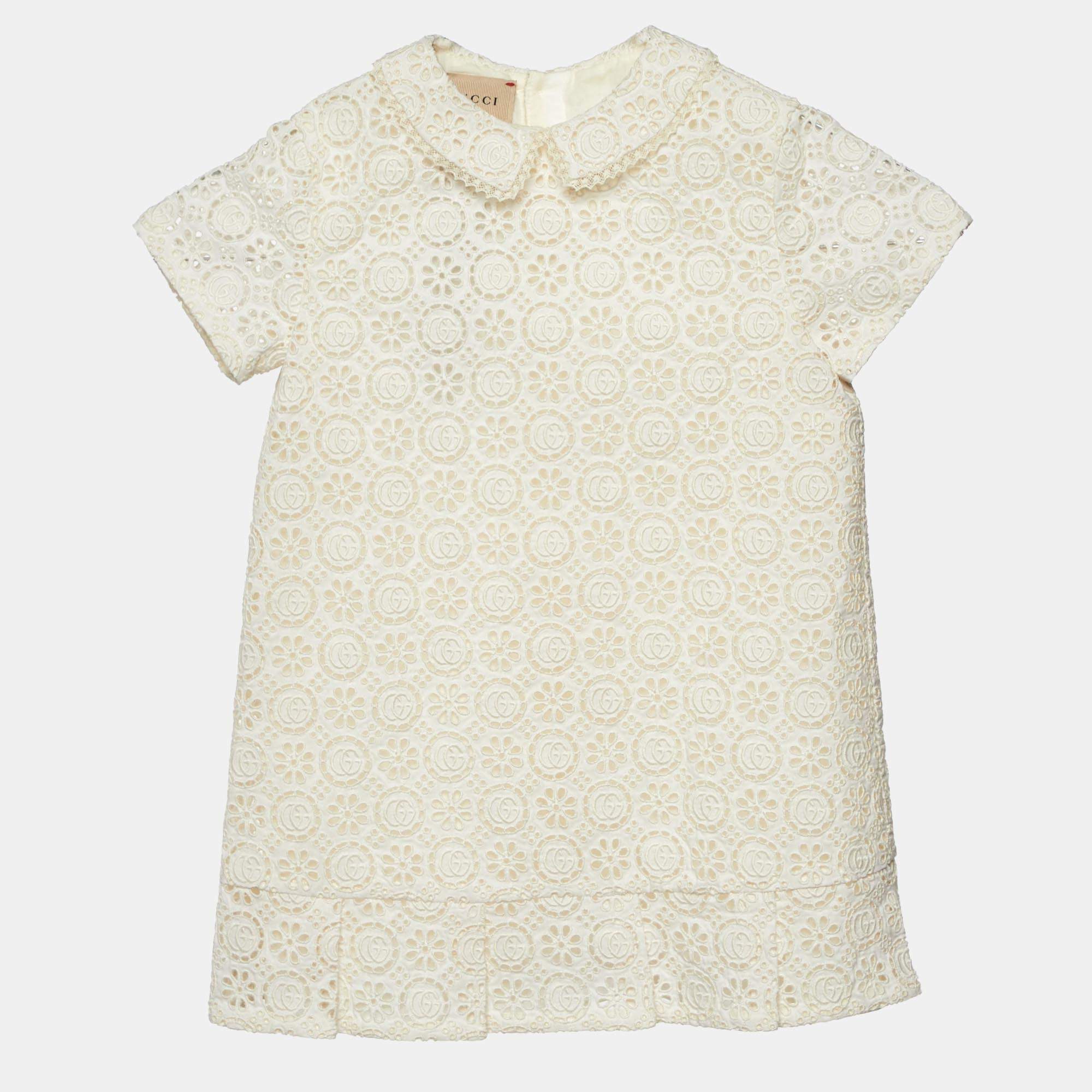 Gucci Light Beige Floral and Logo Patterned Hacoba Kids Dress 18-24 M