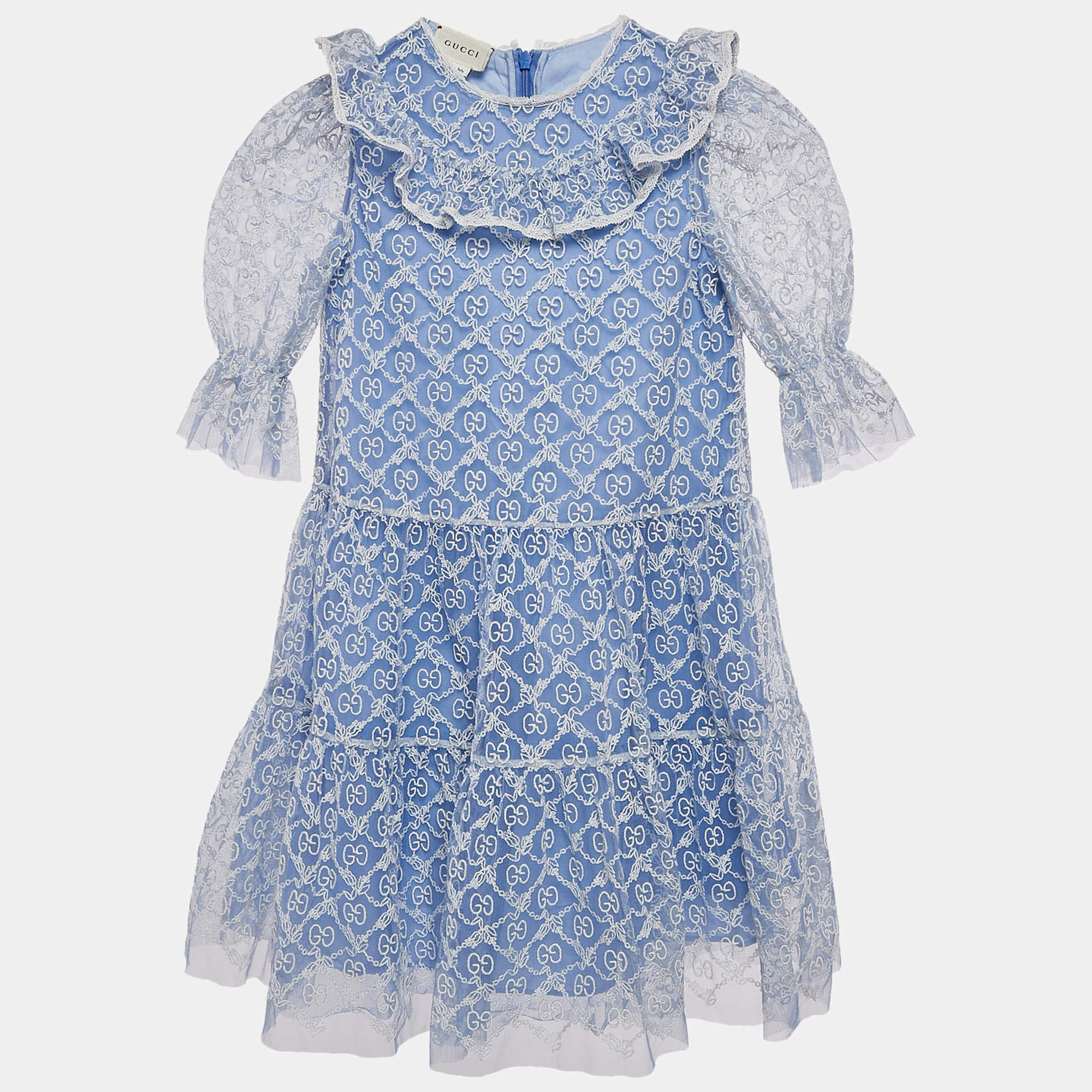 Pre Owned Gucci Kids Blue GG Garland Embroidery Tulle Dress 4 Yrs