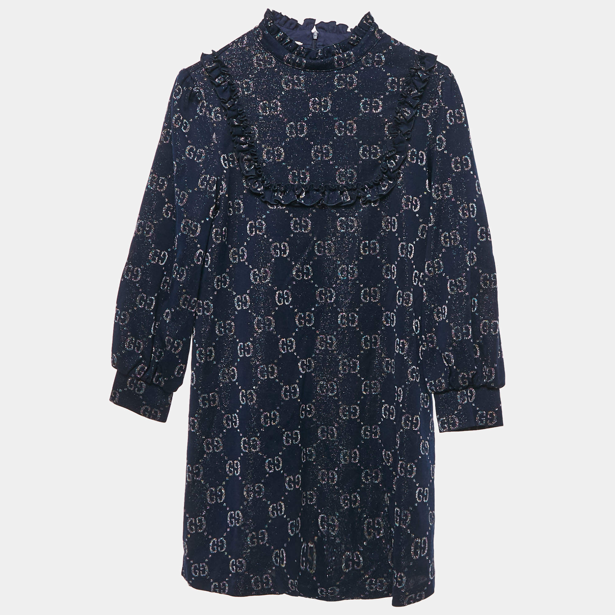 Pre Owned Gucci Kids Navy Blue Lurex and Cotton Intarsia Knit Ruffled Dress 12 Yrs