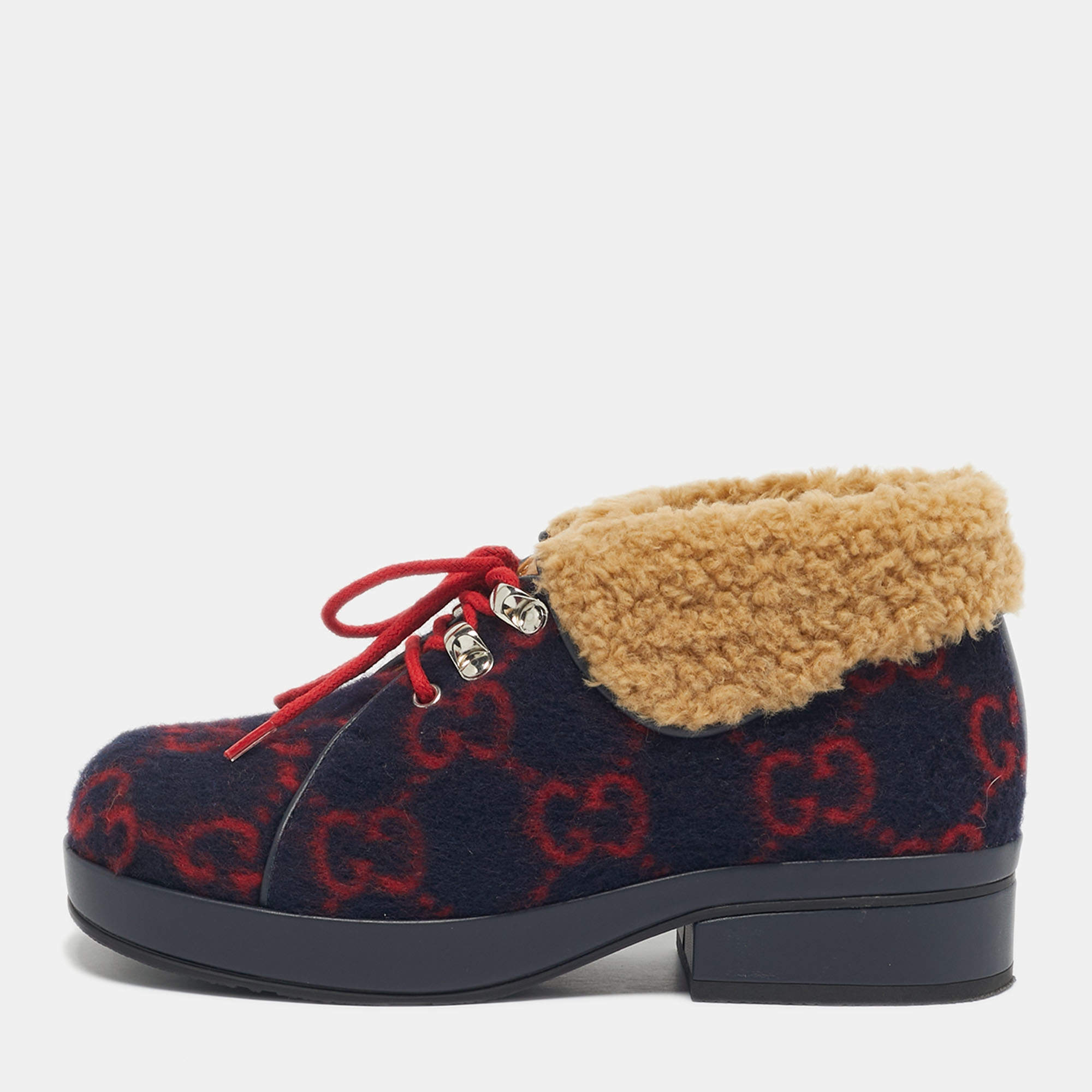 Pre Owned Gucci Navy Blue/Red GG Wool and Fur Ankle Boots Size 32