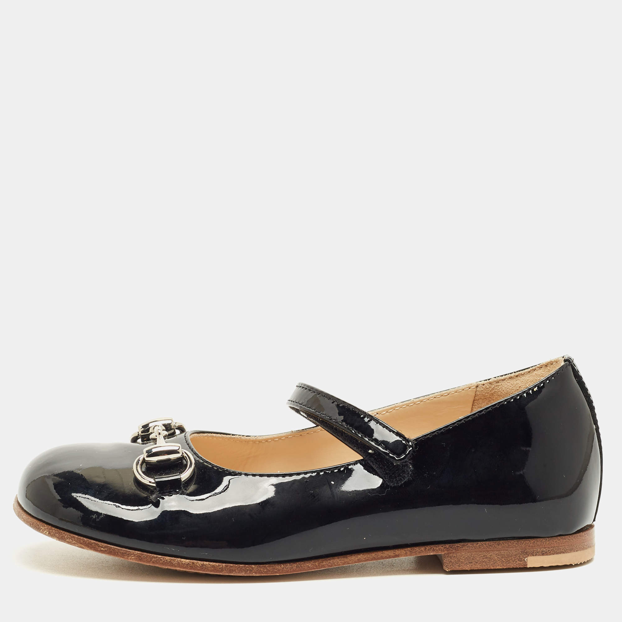 Pre Owned Gucci Black Patent Leather Horsebit Ballet Flats Size 26