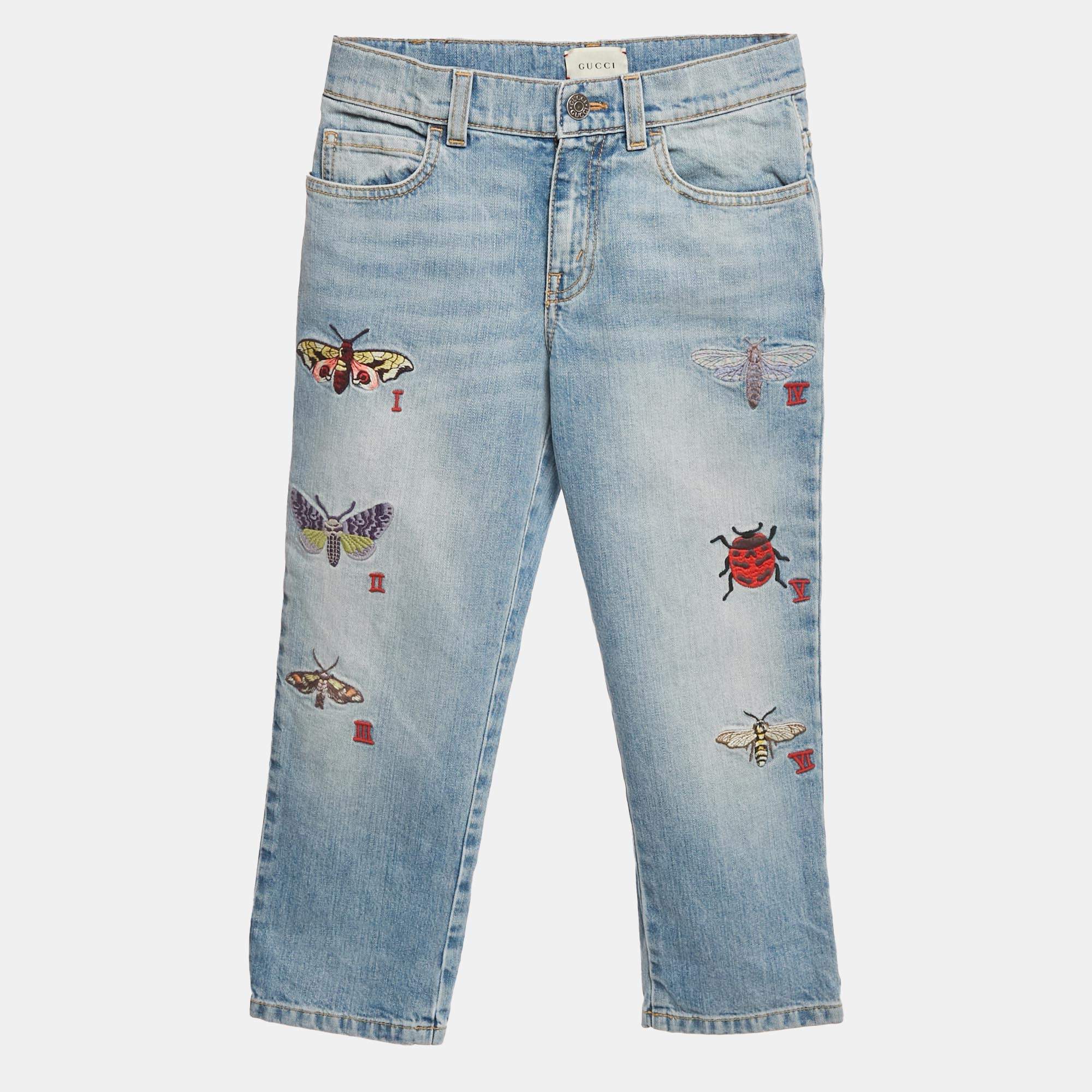 Pre Owned Gucci Blue Butterfly Embroidered Denim Jeans 8Yrs/Waist 23"