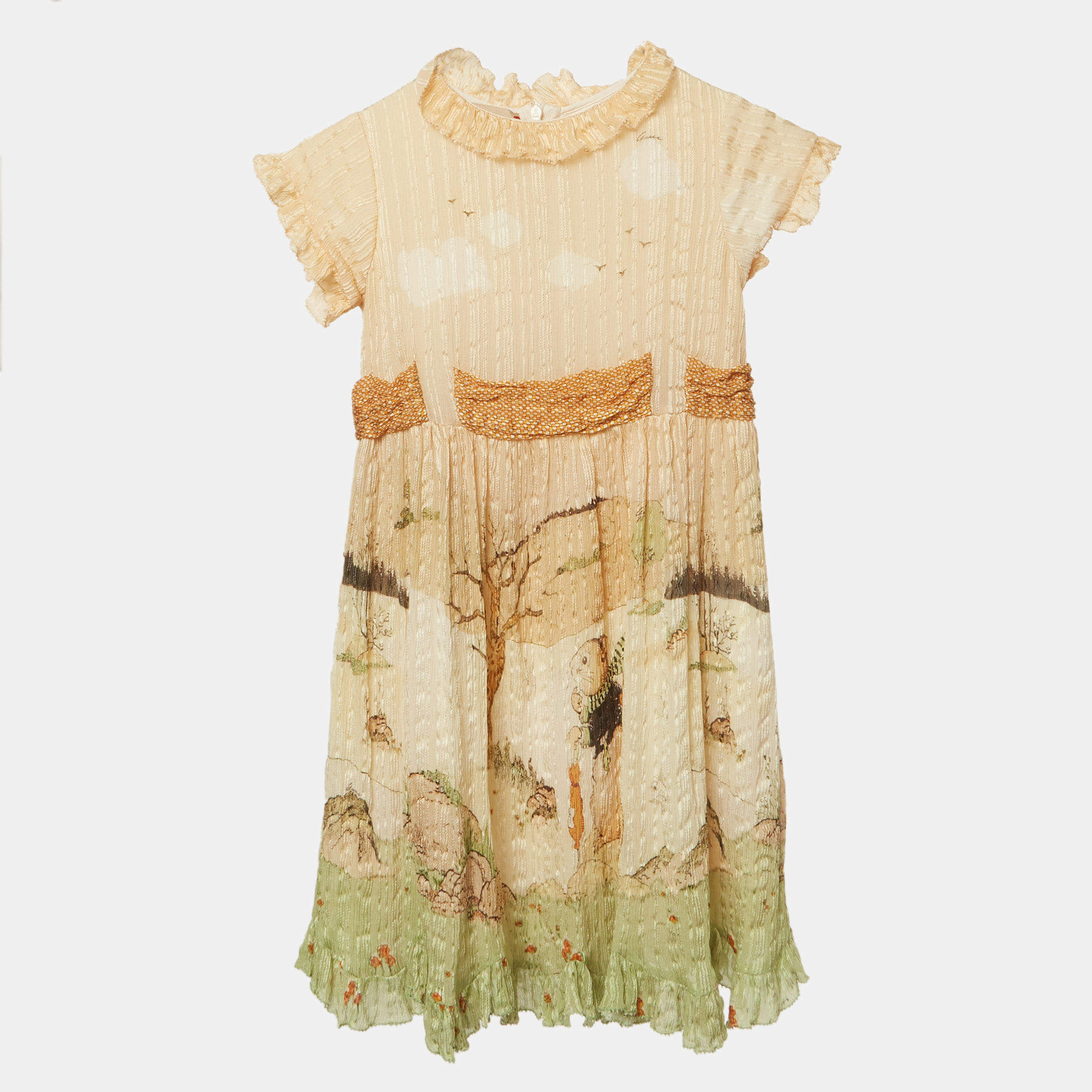 Pre Owned Gucci Kids Cream Printed Silk Ruffled Dress 6Yrs
