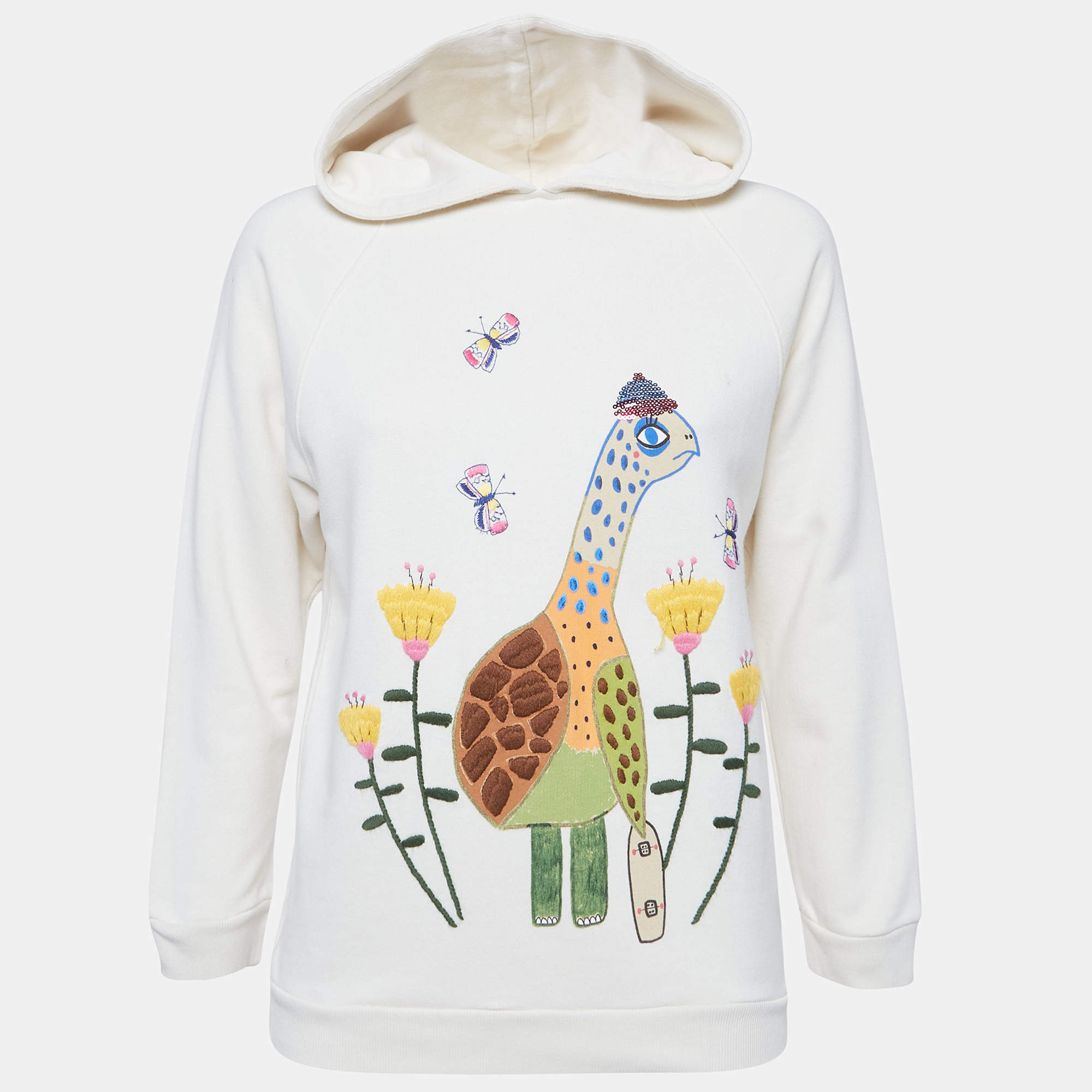 Pre Owned Gucci Kids Cream Cotton Knit Embroidered Hooded Sweatshirt 10Yrs