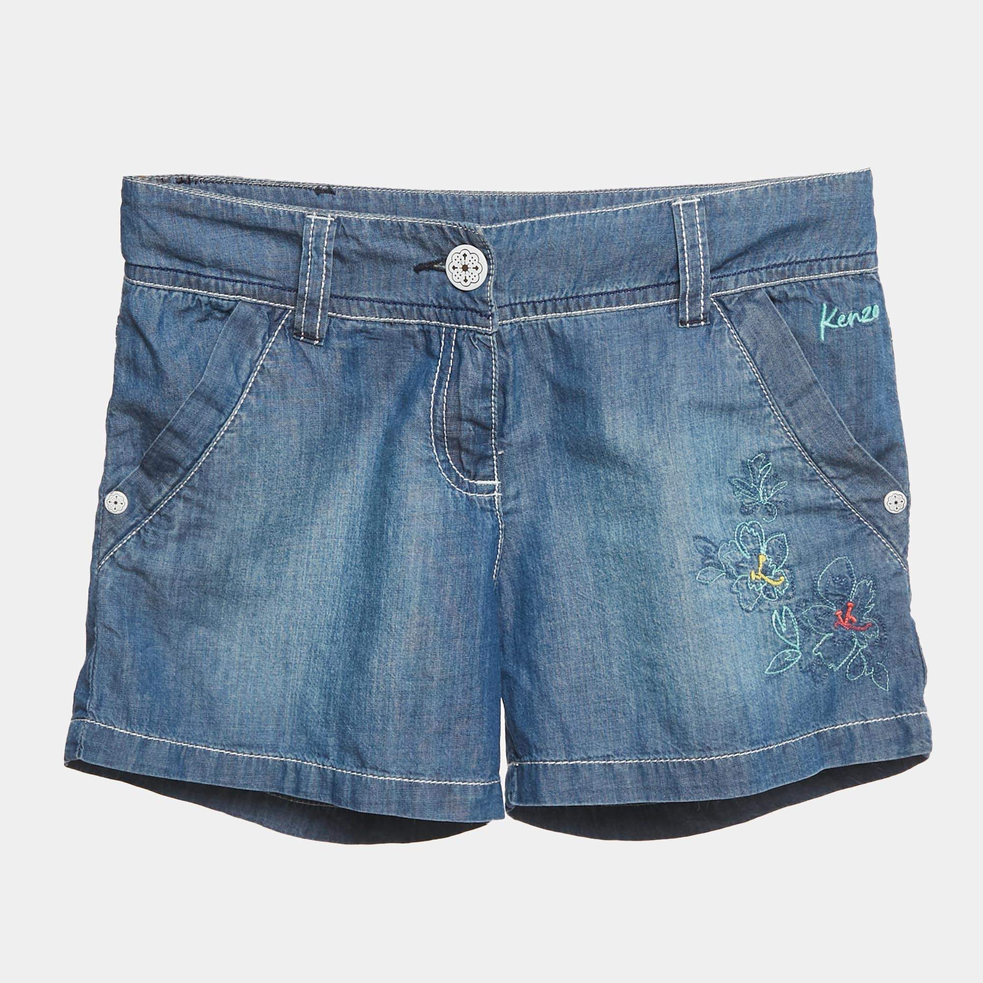 Pre Owned Kenzo Blue Floral Embroidered Denim Shorts 10 Yrs