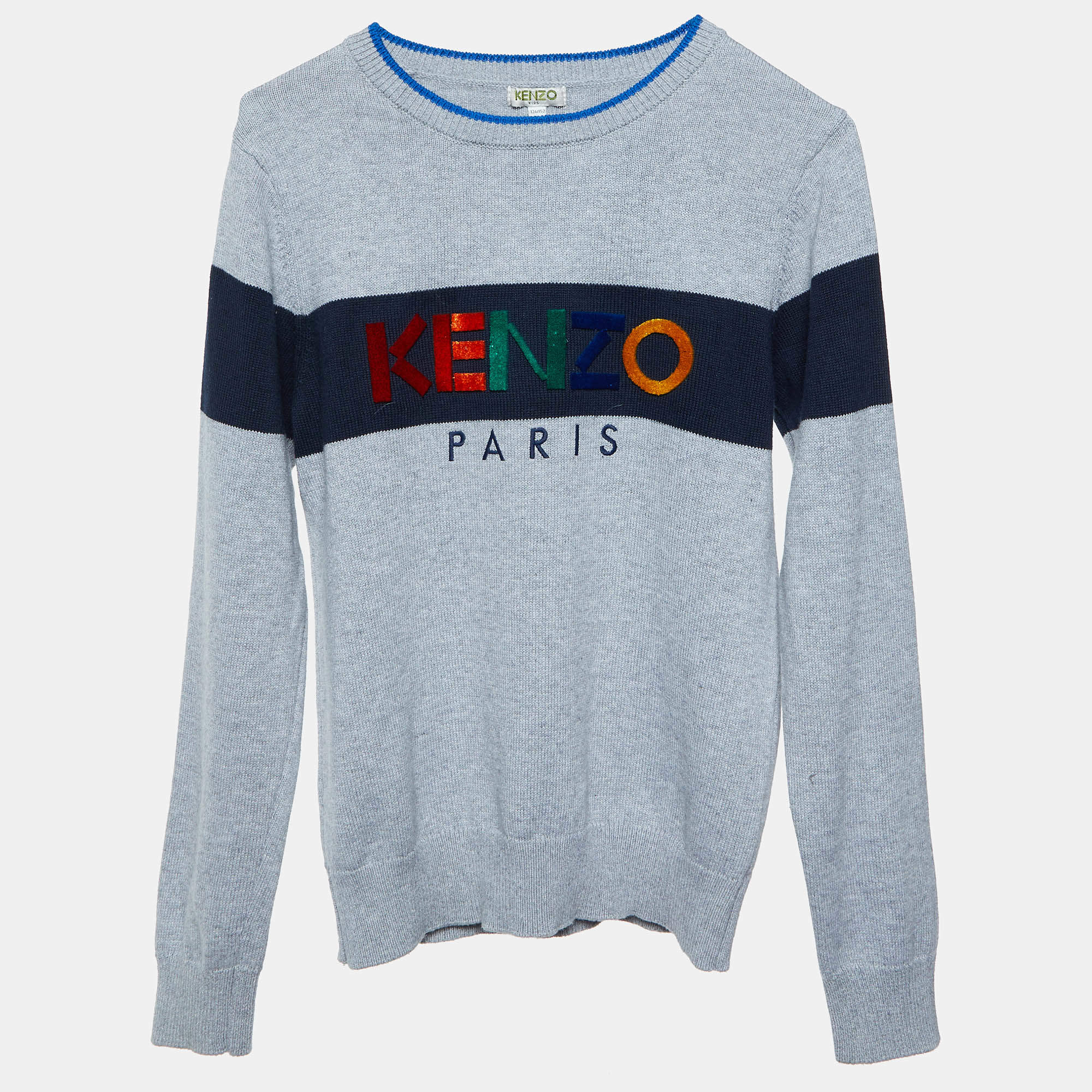 Pre Owned Kenzo Grey Logo Embroidered Cotton Full Sleeve Sweater 12 Yrs