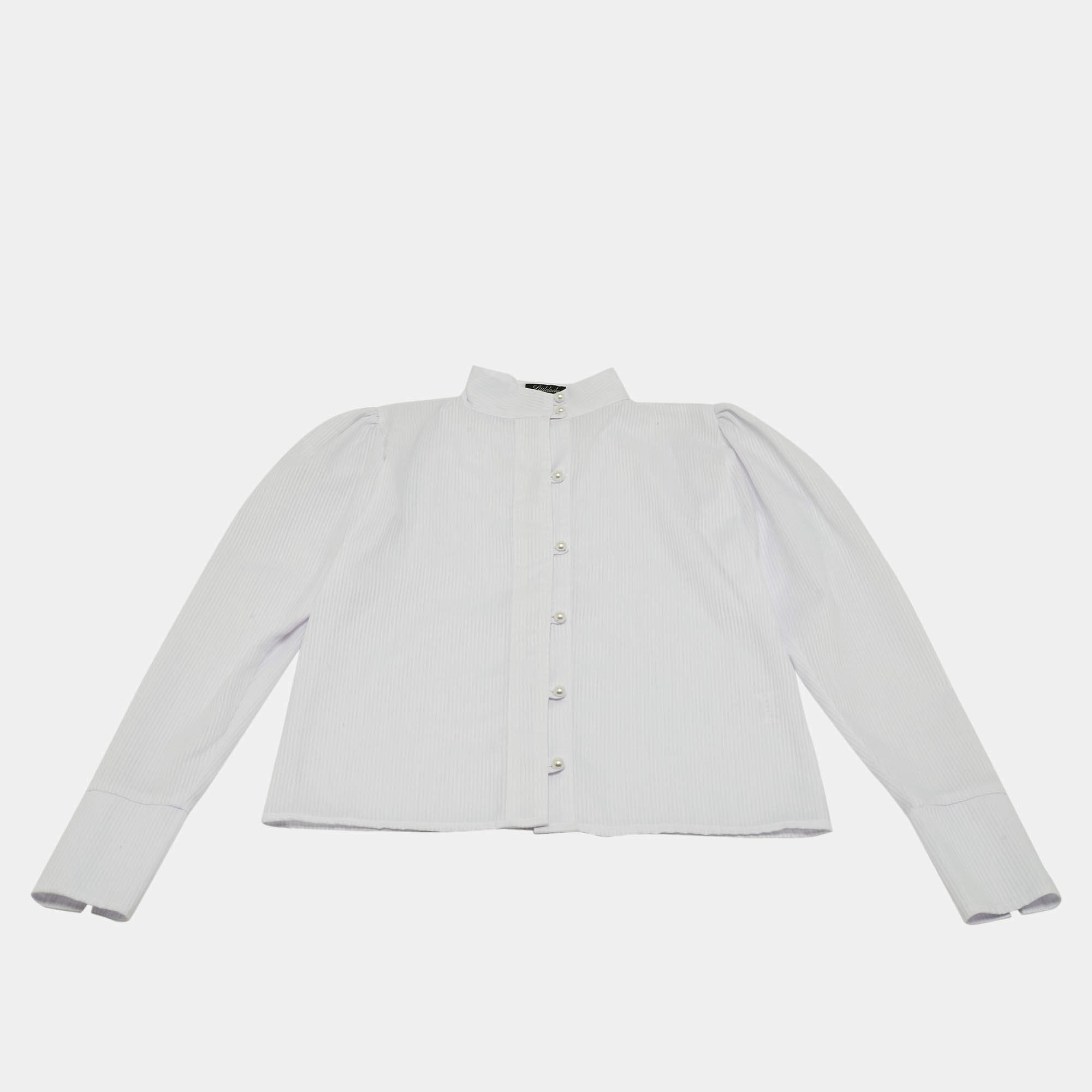 Pre Owned Little Lady Empire Kids White Stripe Cotton Pearl Button Detail Blouse 10Yrs