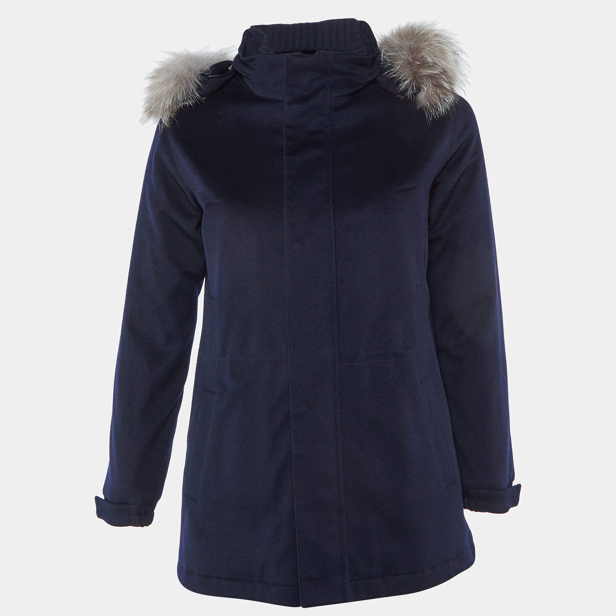 Pre Owned Loro Piana Kids Midnight Blue Cashmere Fox Fur Trimmed Detachable Hood Zip-Up Jacket 12 Yrs