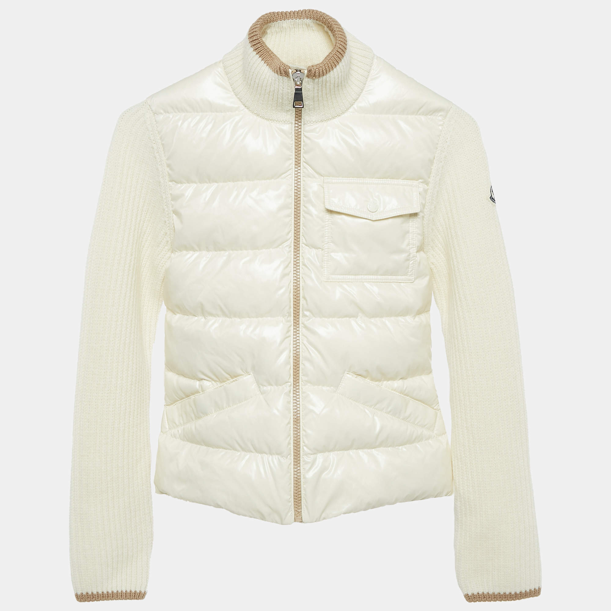 Moncler Kids Ivory Nylon and Rib Knit Down Cardigan Jacket  12 Yrs