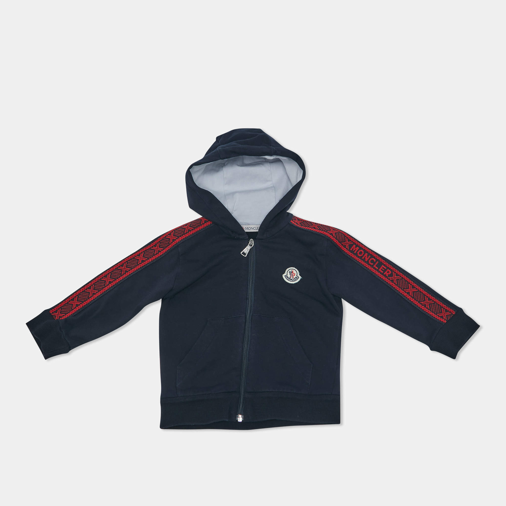 Pre Owned Moncler Kids Navy Blue Cotton Zip-Up Tape Trim Detail Sweatshirt 12-18 M