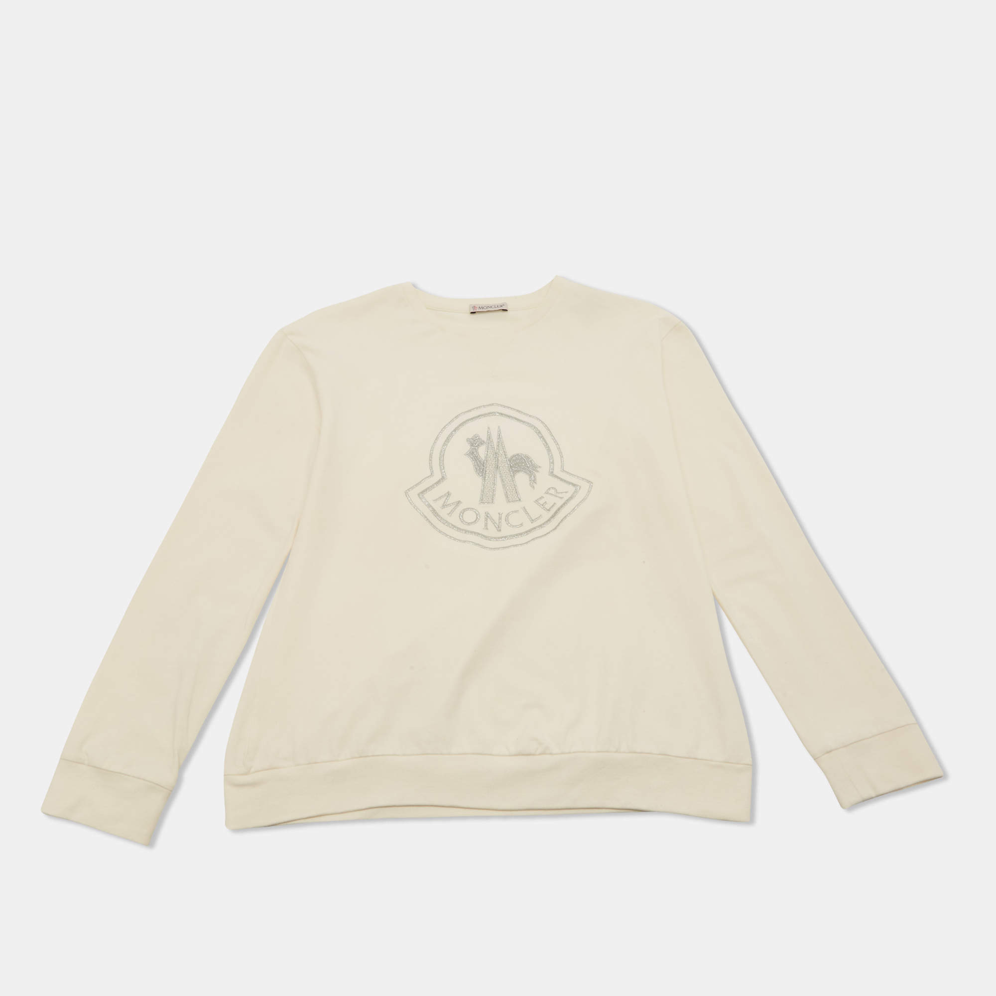 Pre Owned Moncler Cream Embroidered Cotton Long Sleeve T-Shirt 14 Yrs
