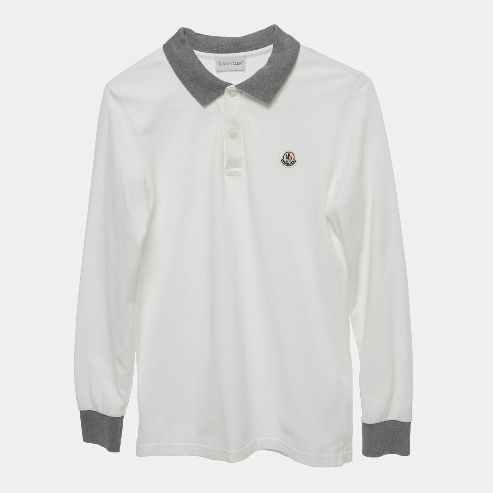 Pre Owned Moncler Kids White Log Applique Cotton Pique Full Sleeve Polo T-Shirt 12 Yrs 