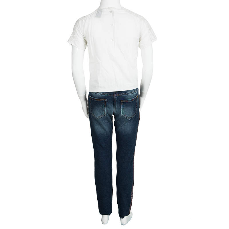 Pre Owned Monnalisa Washed Indigo Terry Embellished Side Stripe Detail Jeggings 10 Yrs