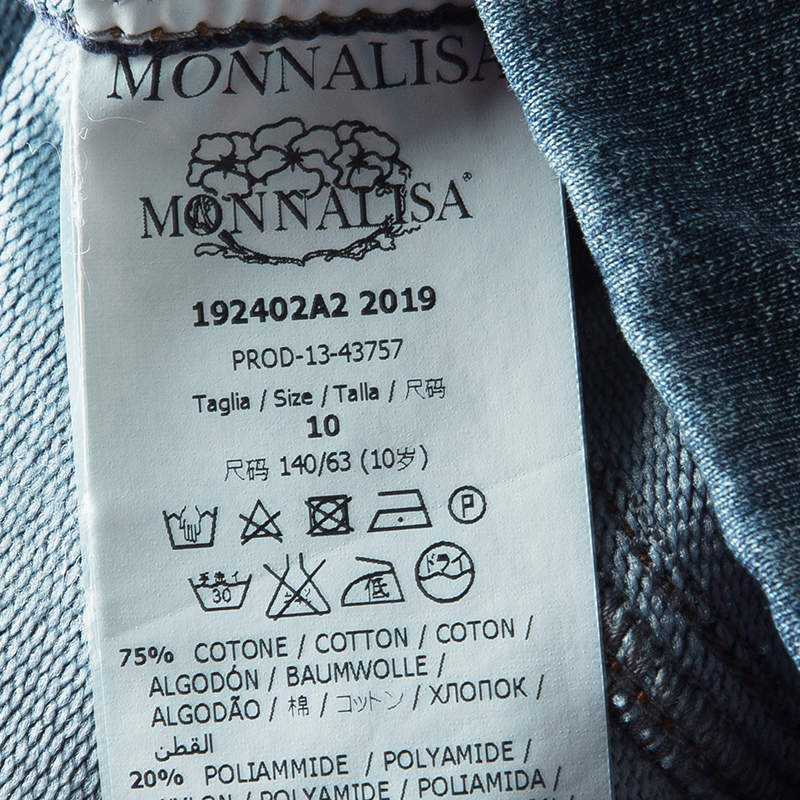 Pre Owned Monnalisa Washed Indigo Terry Embellished Side Stripe Detail Jeggings 10 Yrs