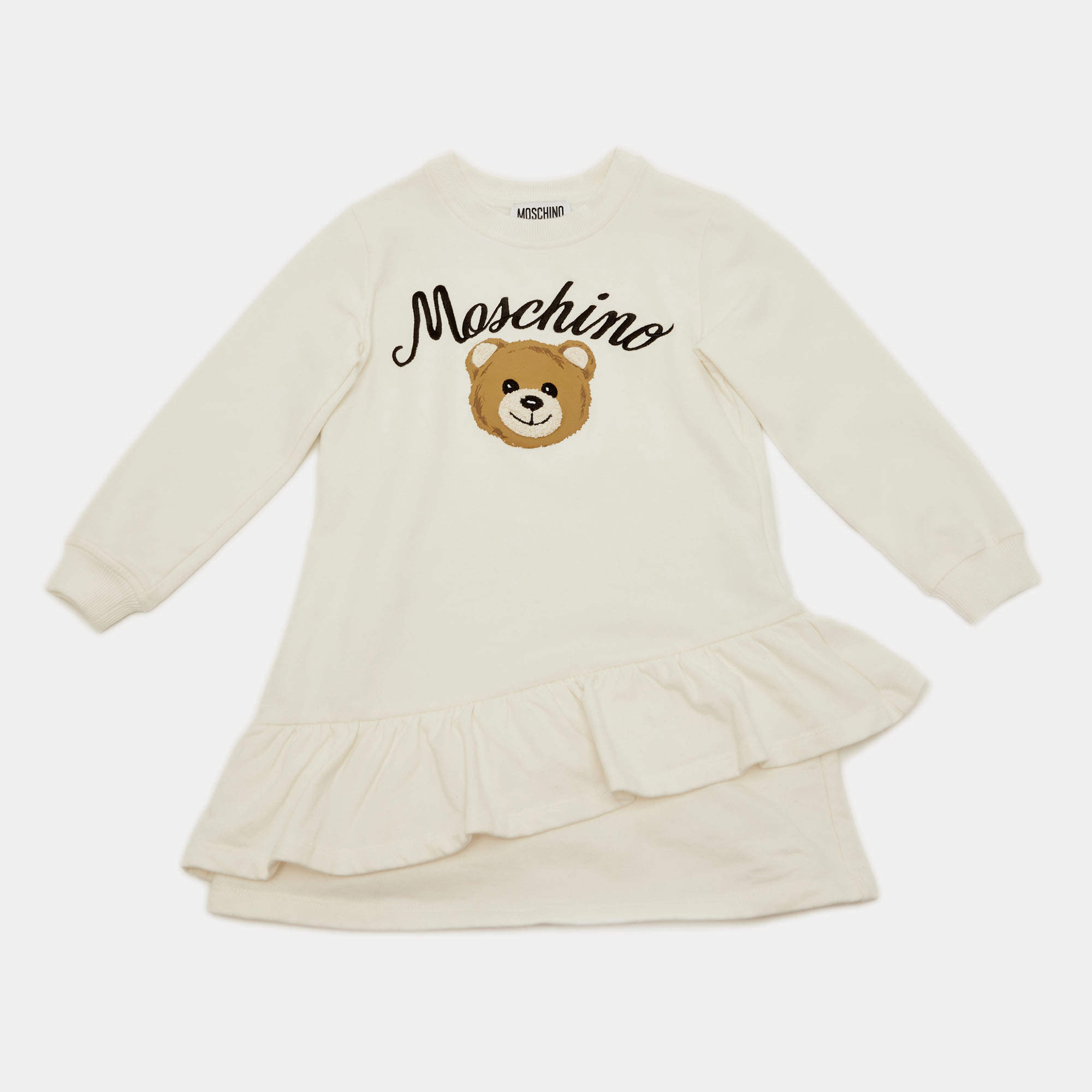 مملوكة مسبقًا Moschino Kids White Logo Embroidered Teddy Bear Print Cotton Ruffle Dress 4 Yrs