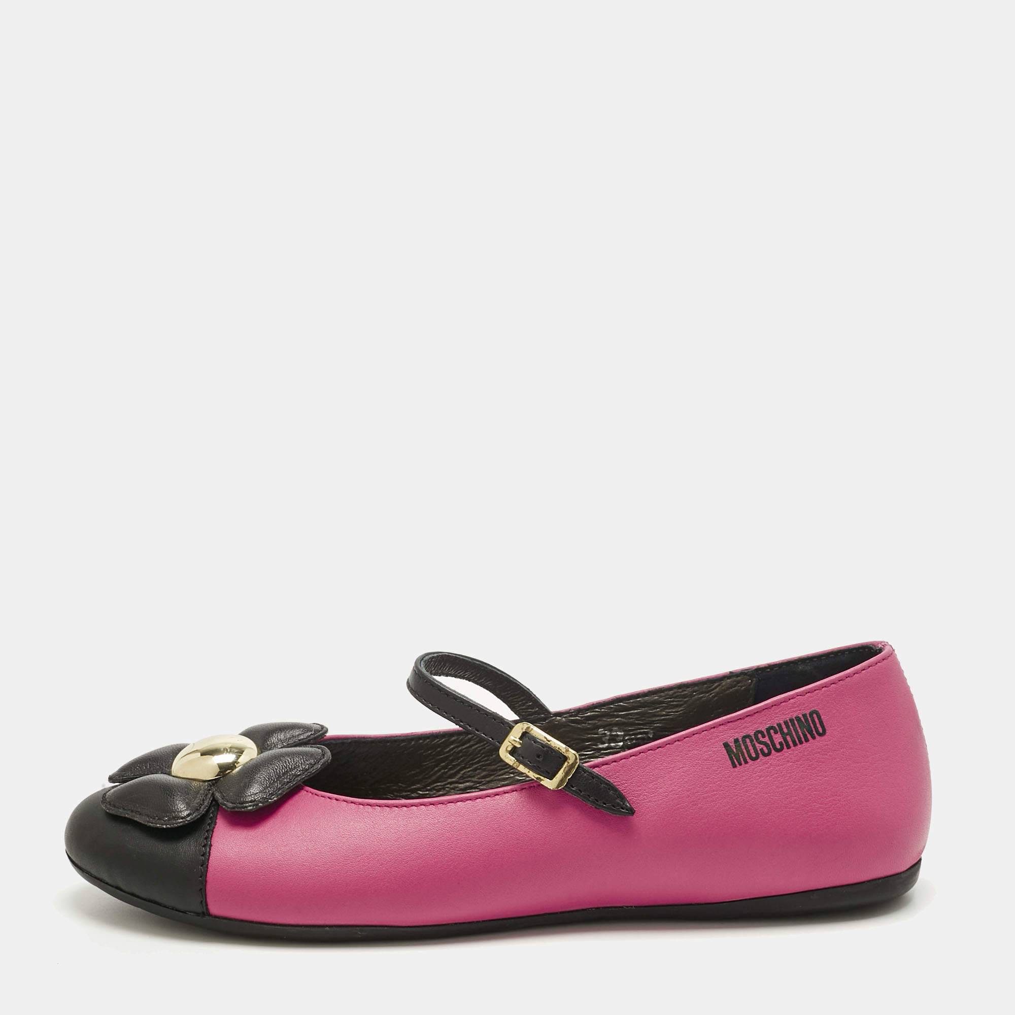 Pre Owned Moschino Pink/Black Leather Flower Ballet Flats Size 33