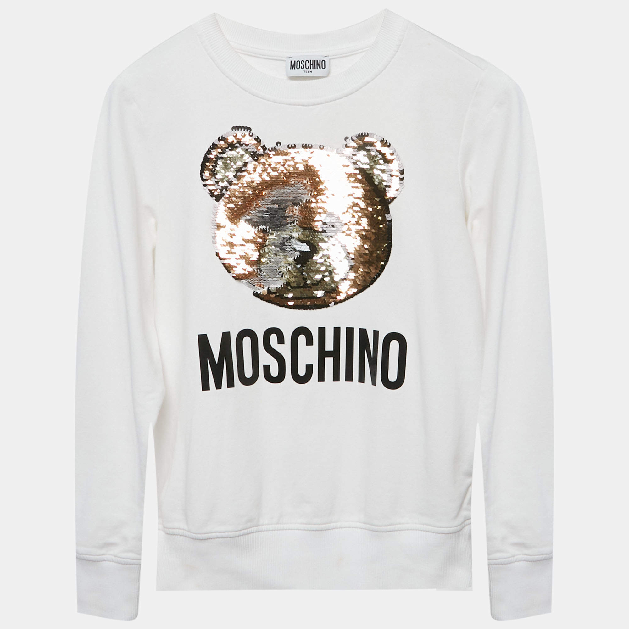 Pre Owned Moschino Teen White Sequin Teddy Bear Cotton Knit Sweatshirt 14 Years