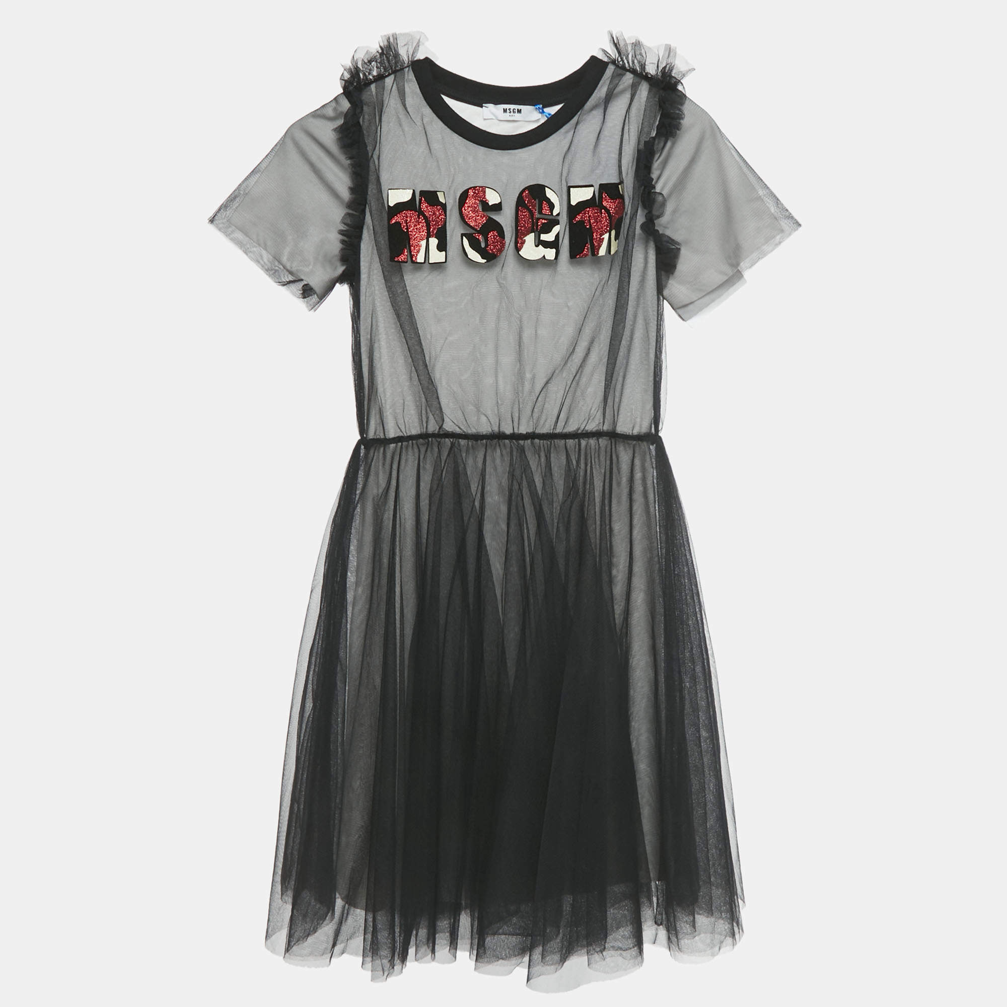 Pre Owned MSGM Kids Black Logo Applique Tulle Dress 10Yrs 