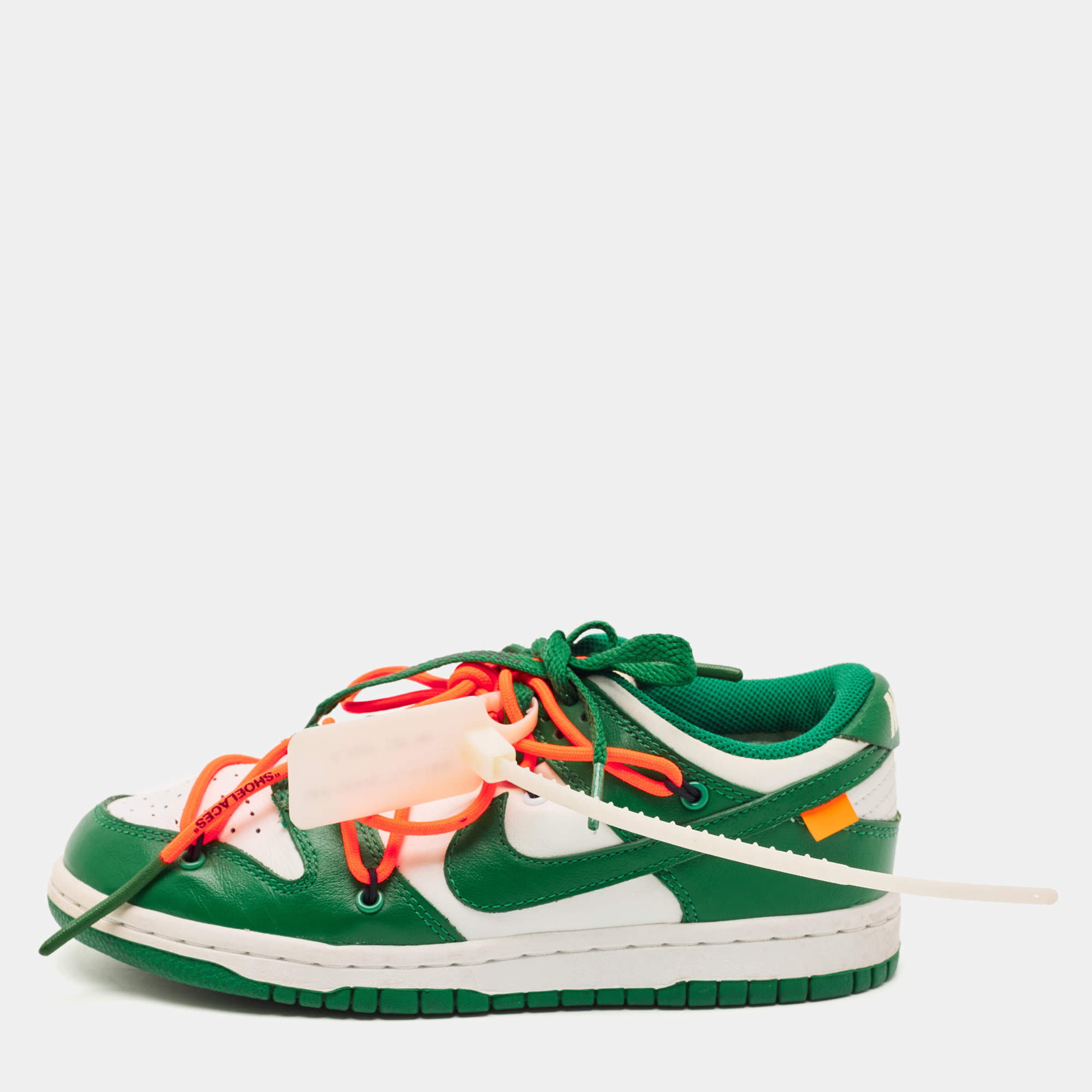 Pre Owned Off-White x Nike Green/White Leather Dunk Low Top Sneakers Size 36