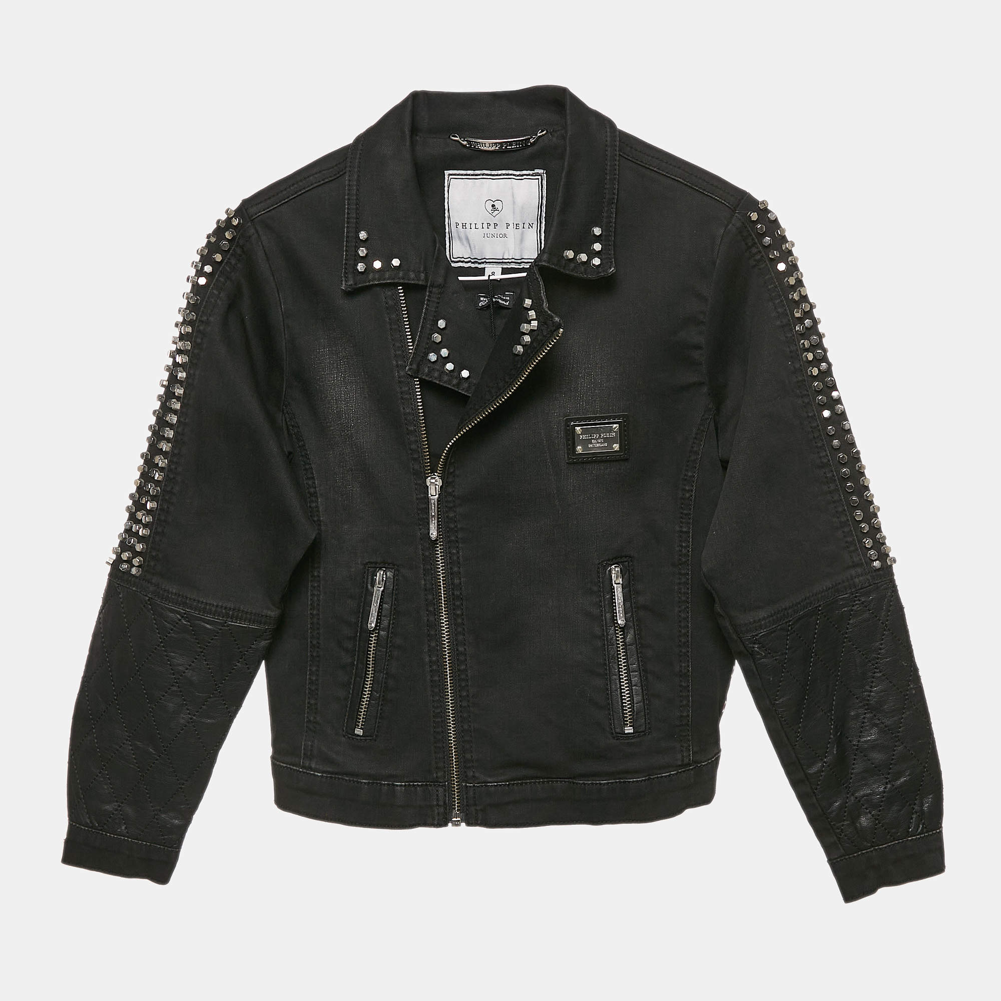 Pre Owned  Philipp Plein Junior Black Studded Faux Leather Denim Jacket 8 Yrs